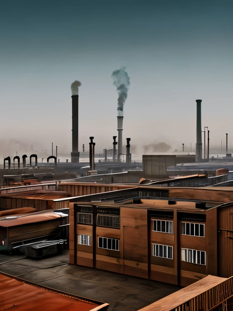 arafed industrial area with smoke and smokestacks in the background, concept art inspired by Ismail Inceoglu, cgsociety contest winner, conceptual art, industrial scifi, industrial sci - fi, industrial sci-fi, industrial sci fi, industrial environment, dystopian environment, digital concept art of dystopian, foggy dystopian world, industrial setting, factory background, dystopian atmosphere