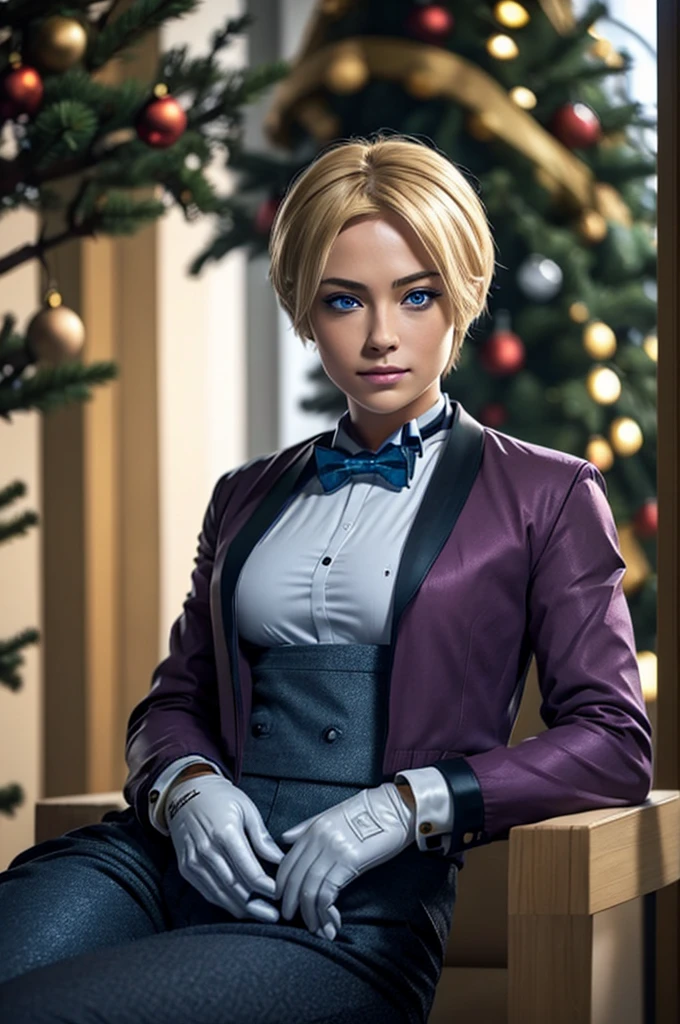 Short hair, blonde, solo, sitting, realistic, detailed, beautiful face, BLUE eyes, makeup, ((byzantium jacket pants)), gloves, body, (sitting), Christmas tree, Christmas gift, Christmas, perfect hands, Black Bow tie