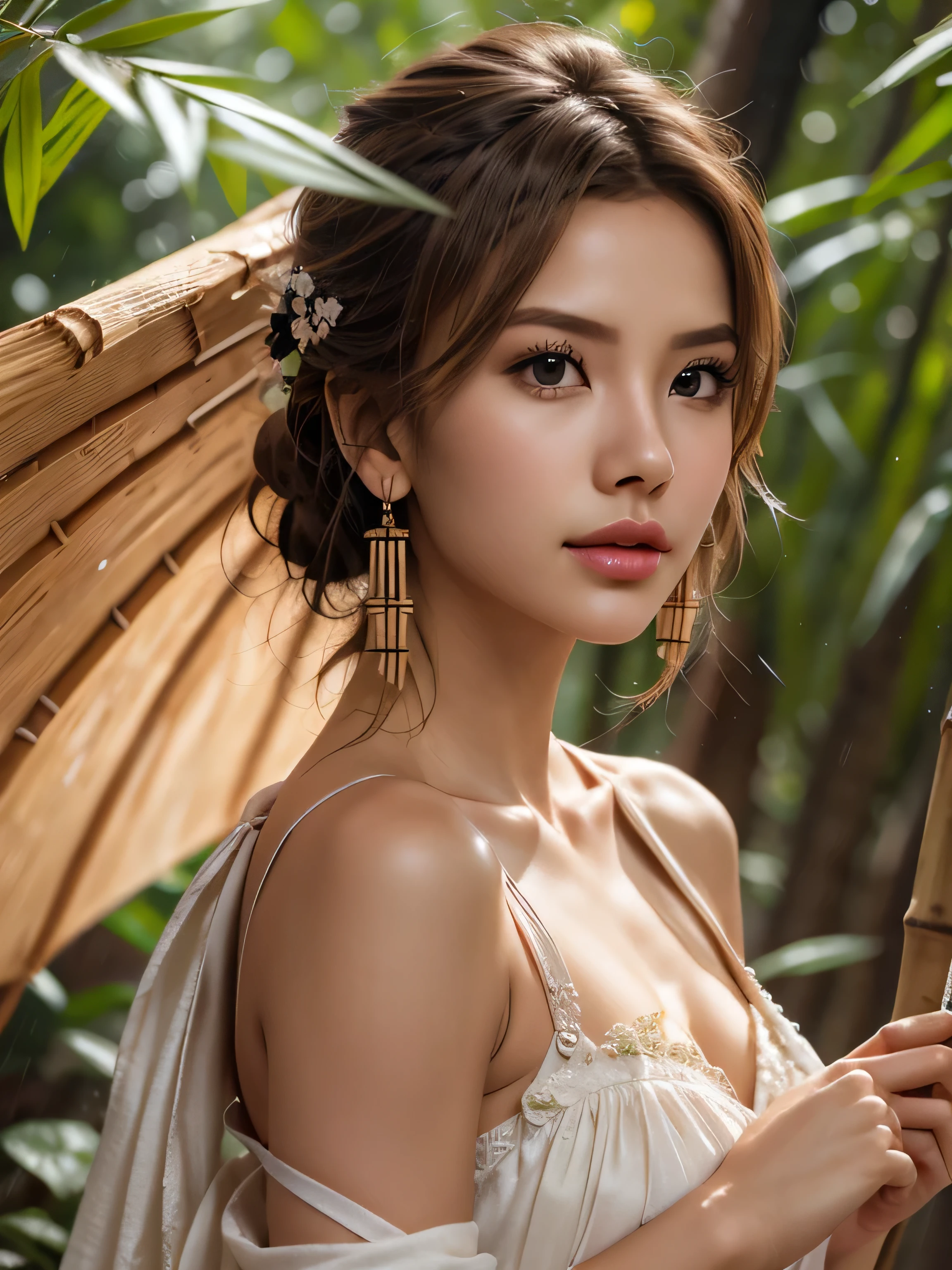 Masterpiece, extremely detailed CG unity 8k wallpaper, 1 girl, beautiful, realistic, blur, blurred background, blurred foreground, bamboo forest, depth of field, earrings, jewelry, nose, realistic, solo, hanfu, holding oli paper umbrella, rain