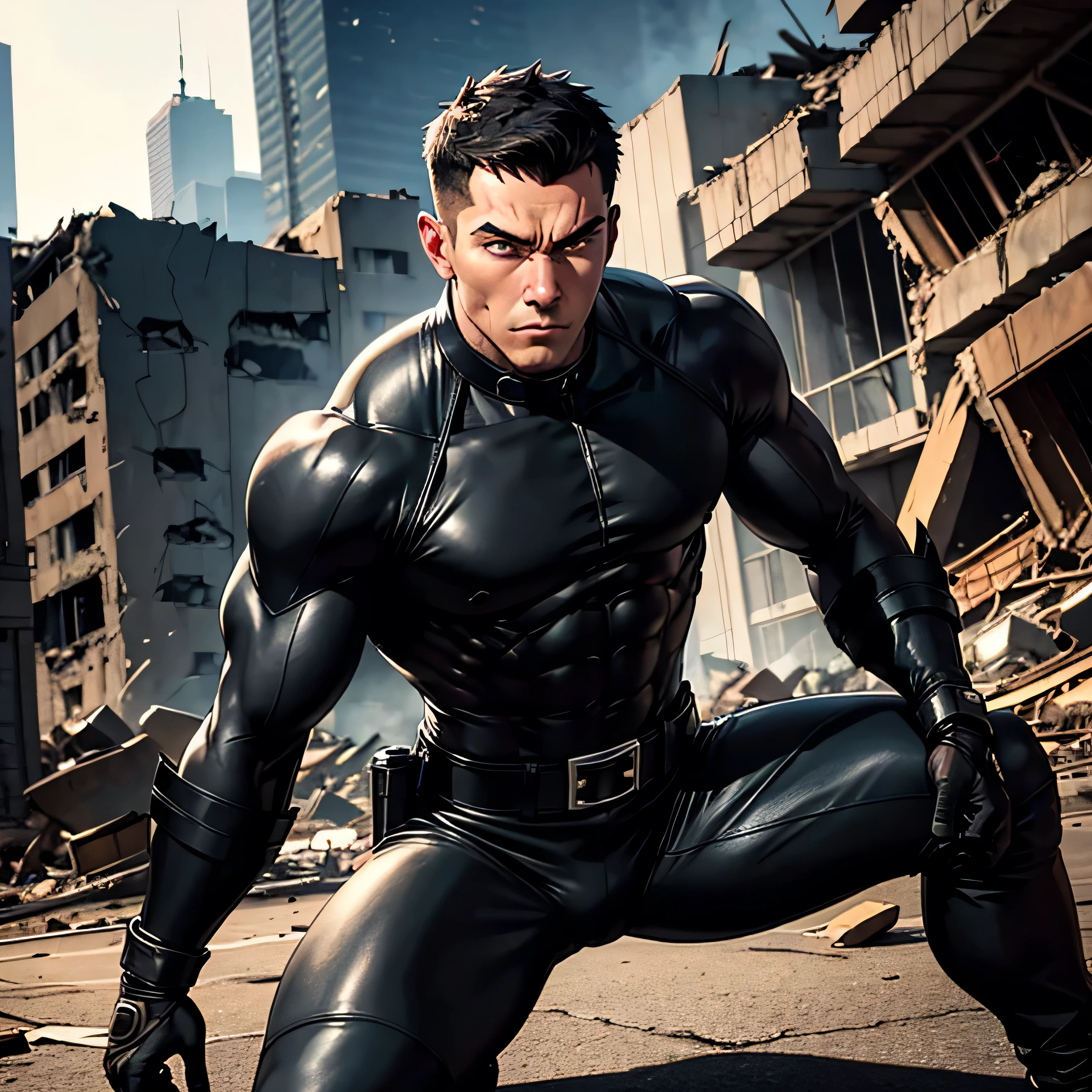 Age 27,  One Man,Muscular、 black bodysuit 、 black leather pants 、Shocker Belt、 black gloves 、  black boots 、Combatant、Combat pose、 Face、City of Rubble　bombing　inflammation　　 feet 　Spread it out、 cool battle pose 、Gay、logic、Handsome soldier　　Cool guy　　  Upper Body Up 　Release the machine gun