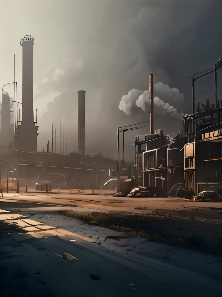 arafed industrial area with smoke and smokestacks in the background, concept art inspired by Ismail Inceoglu, cgsociety contest winner, conceptual art, industrial scifi, industrial sci - fi, industrial sci-fi, industrial sci fi, industrial environment, dystopian environment, digital concept art of dystopian, foggy dystopian world, industrial setting, factory background, dystopian atmosphere