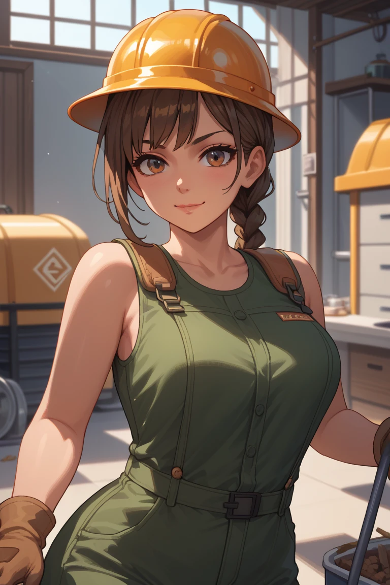 The image is a piece of pixel art, a style of digital art characterized by its low resolution and blocky appearance. The main focus is a young woman, drawn in a style reminiscent of anime or manga. She has long, brown hair styled in a braid that falls down her back. Her eyes are large and expressive, a striking green, and her expression is one of quiet confidence and perhaps a slight smirk. She's wearing a tan hard hat with a headlamp attached, a dark gray sleeveless top, and brown work gloves. The top is somewhat low-cut, accentuating her bosom,