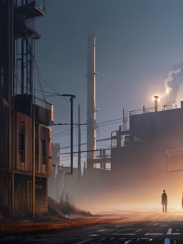 arafed industrial area with smoke and smokestacks in the background, concept art inspired by Ismail Inceoglu, cgsociety contest winner, conceptual art, industrial scifi, industrial sci - fi, industrial sci-fi, industrial sci fi, industrial environment, dystopian environment, digital concept art of dystopian, foggy dystopian world, industrial setting, factory background, dystopian atmosphere