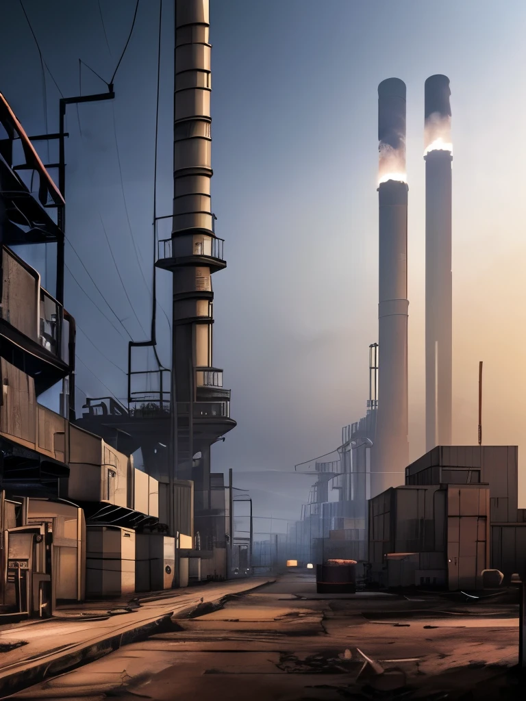 arafed industrial area with smoke and smokestacks in the background, concept art inspired by Ismail Inceoglu, cgsociety contest winner, conceptual art, industrial scifi, industrial sci - fi, industrial sci-fi, industrial sci fi, industrial environment, dystopian environment, digital concept art of dystopian, foggy dystopian world, industrial setting, factory background, dystopian atmosphere