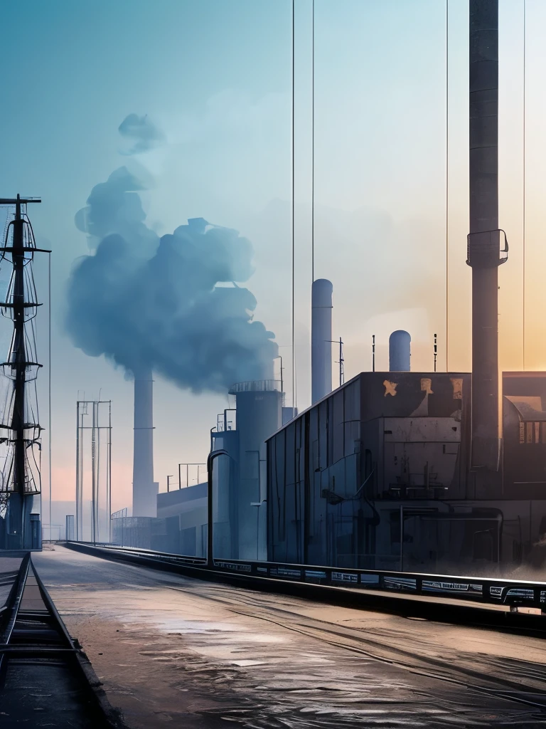 arafed industrial area with smoke and smokestacks in the background, concept art inspired by Ismail Inceoglu, cgsociety contest winner, conceptual art, industrial scifi, industrial sci - fi, industrial sci-fi, industrial sci fi, industrial environment, dystopian environment, digital concept art of dystopian, foggy dystopian world, industrial setting, factory background, dystopian atmosphere