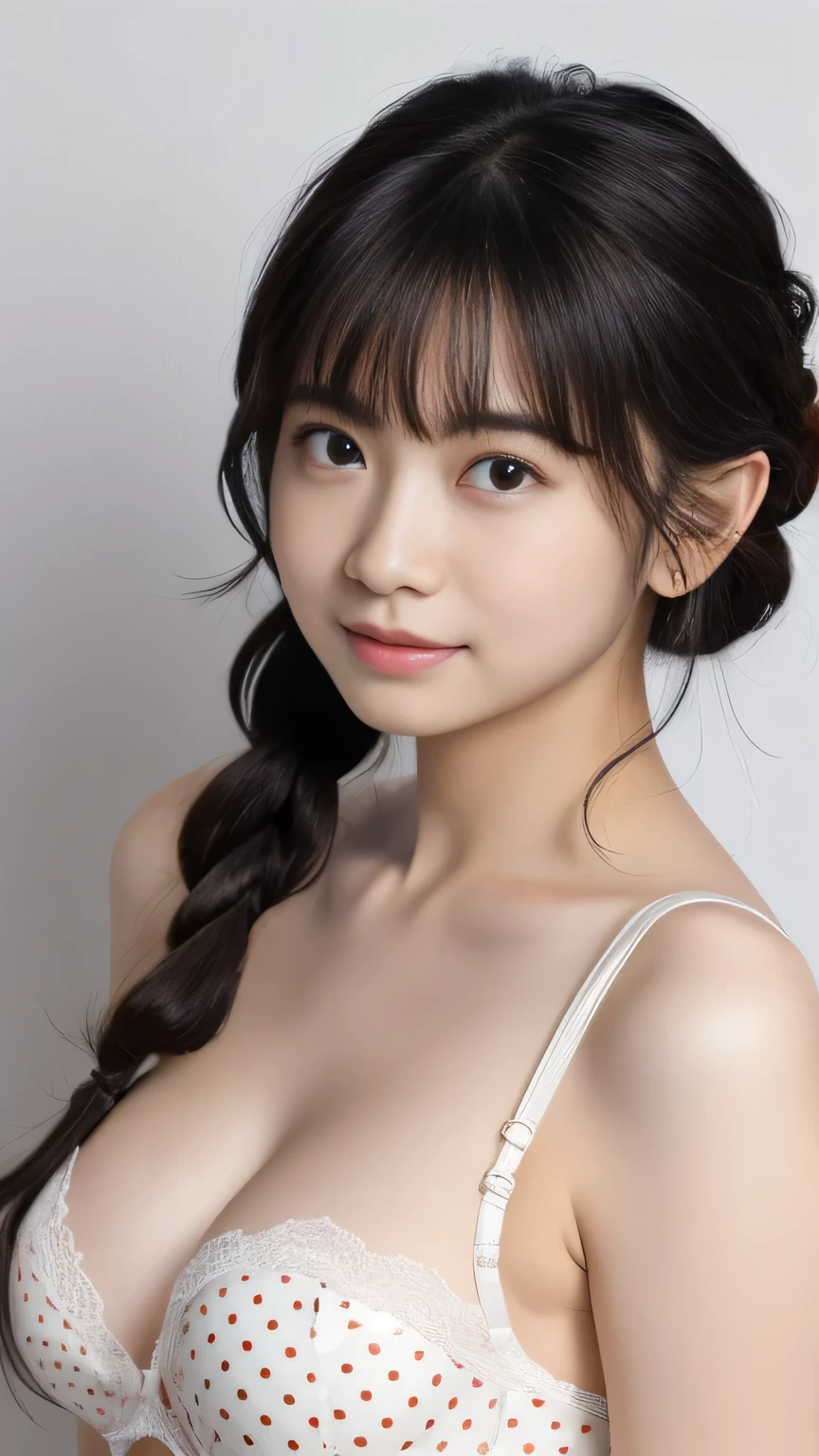 A one-of-a-kind masterpiece     ,        very focused       、      amazing、              super high resolution         、      Highly Detailed CG Unity 8k Wallpaper  ,   cute、baby face、   beautiful,      realistic     ,      black hair         , flower,  jewellery, nose,      realistic     , Alone,  (      braided      )      wavy hair      、  beautiful bangs、,   Hidden Fingers   、 small breasts、        provocative smile     、     Full Body Portrait       (  Polka Dot Underwear 1          ,2)       Ultra Quality、    absurd、 Ridiculous 、   Award-winning works   、  、  、