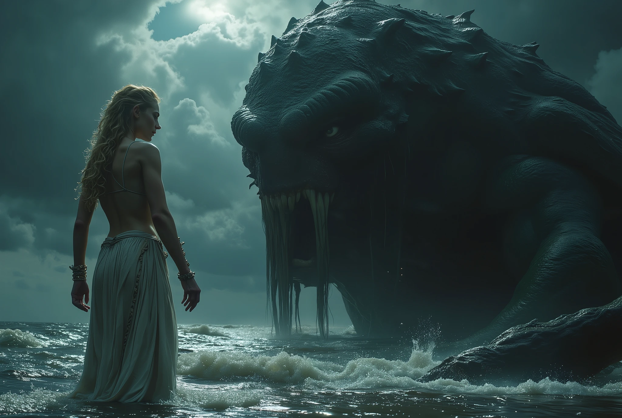 (Best Picture Quality, 4k, 8k, Hi-Res, Masterpiece:1.2), (Ultra-Detailed, Realistic, Graphic:1.37), (Severe Situation:1.1), (A scene from ancient Greek mythology, beautiful Princess Andromeda sacrificed by a monster:1.2), ((Lying on her back on a sacrifice table on a wharf:1.5)), a blonde with chains around her wrists Large shot of Andromeda, a beautiful naked woman with blue eyes, from behind. (shackles on her hands with chains attached:1.6), (Andromeda looks in anguish:1.1), In the distance, the upper body of a giant man-eating monster, the Kraken, emerges from the sea, a life-threatening scene; Medium: Illustration, Detailed Illustration, Digital Illustration, Strong Shadows (strong texture:1.1), detail: (eerie atmosphere, eerie clouds, celestial ladder reaching out from between the clouds, dark lighting, murky seawater:1.2), detail: desperate expression of the princess, terrifying eyes, scarred bare feet, rippling muscles of the monster's upper body, scales shining in the sunlight on the monster's body; artistic style: dark Fantasy, terrifying mythical creatures, dramatic composition Color palette: eerie Lighting: eerie moonlight casts unforgettable shadows; spotlight illuminates princess and monster; (amazingly powerful and realistic composition by Greg Rutkowski:1.2)