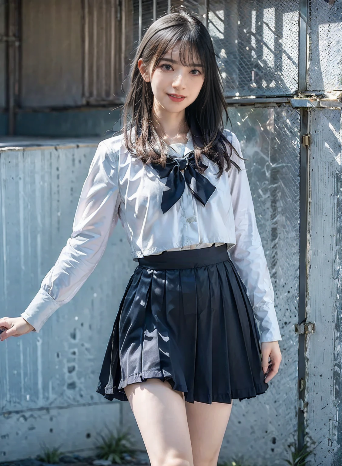 arafed asian woman in a skirt and a white shirt posing for a picture, japanese school uniform, japanese girl school uniform, wearing japanese school uniform, young gravure idol, realistic young gravure idol, young pretty gravure idol, Seifuku, cute schoolgirl, young skinny gravure idol, japanese model, jk uniform, beautiful anime high school girl, smile, wear black thigh high socks, Wear loafers, video , long foot, slender , whole body, long black hair straight,