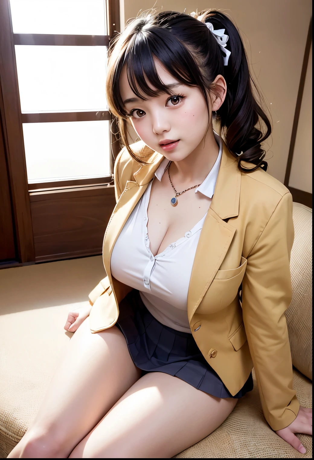good anatomy, masterpiece, best quality,realistic, hyperrealistic, 16k hdr,1 beauty female,Dark blue eyes,blonde hair、Strong gaze、Growing eyes,(Uniforms),highly detailed、Raw texture、sayla mass、Detailed hand depiction,(ultra miniskirt,micro panties:1.2),medium breasts,(from below,sexy pose,spread legs:1.2),military base background,smile,open jacket,erected nipples,cleavage,navel