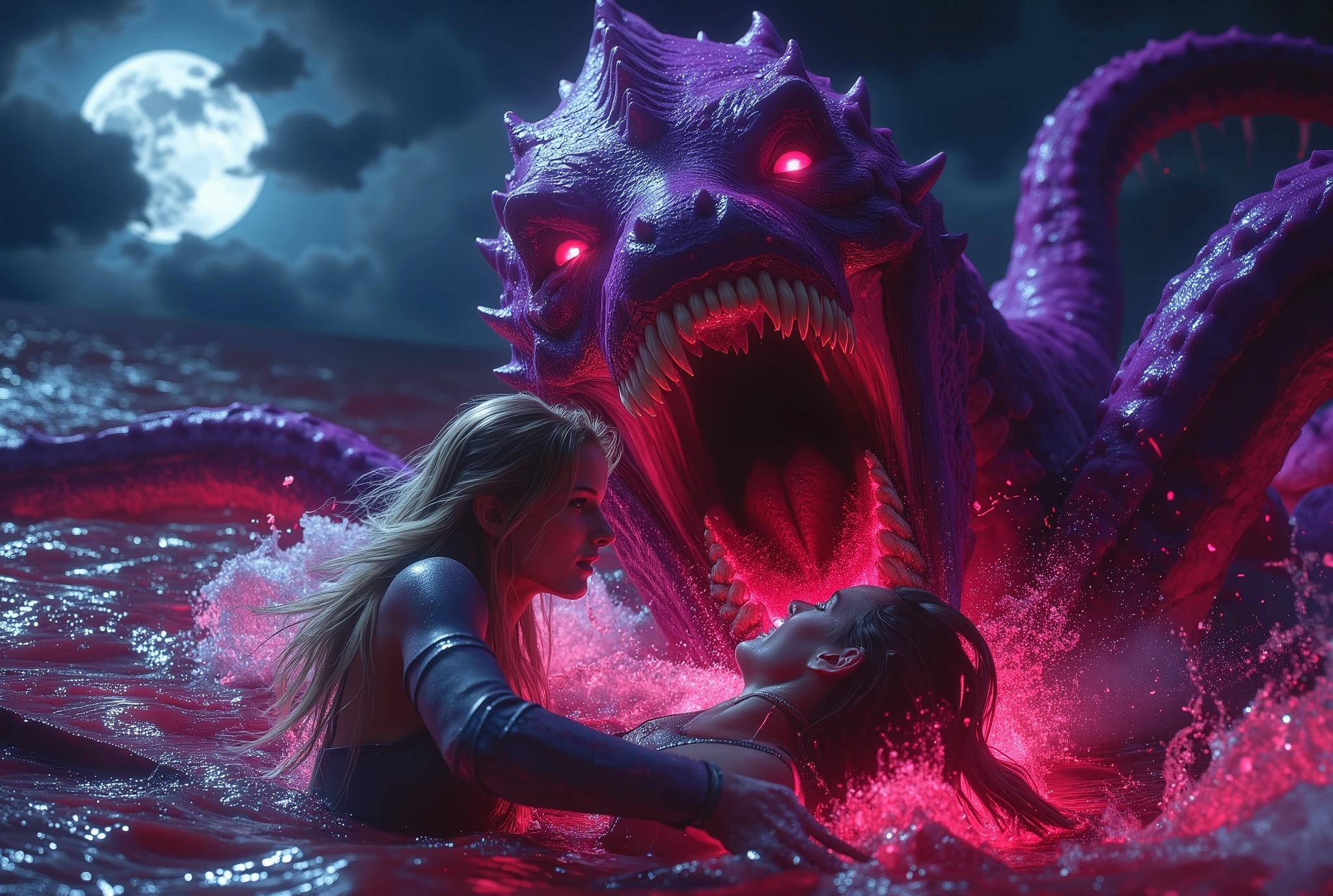 (Best Picture Quality,4K,8K,Hi-Res,Masterpiece:1.2),Ultra-Detailed,(Realistic,Photorealistic,Photorealistic:1. 37),A neon-colored, Gore,Eerie,Horror,Stormy Sea,Moon View,Sacrificed Princess Andromeda,The most beautiful princess in the world with blond hair and blue eyes,Giant monster appears from the sea,Kraken's mouth princess being dragged and torn apart, bloody bites, bloodied, dismembered bodies, shredded clothes, shattered crowns, deadly teeth, vicious mouths, hideous giant fangs, bloody saliva, torn flesh, dripping blood, bright red ocean water, brutal, dark atmosphere, nightmarish scenes, nightmarish nightmarish scene, nightmarish creature, horror movie scene, gruesome details, horror fantasy, horror art, horrific fantasy, nightmare fuel, horror movie poster, horror illustrator, monster lair, exquisite gore details, ominous lighting, demonic presence, vivid gore colors , anguish, torture, fate, (Amazingly powerful and realistic compositions by Greg Rutkowski:1.2), bokeh, depth of field, blur,