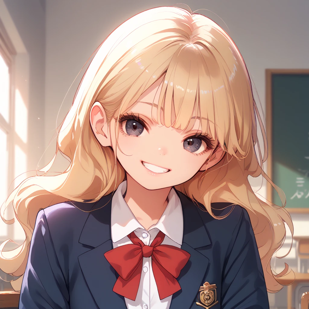  top quality, Anne Chatelaine, (15yo:1.0),blonde hair, bright hair, long hair, (light smile), school uniform, smile, grin,  closed mouth, Dark Eyes,  blazer, Navy blue clothes,  Red Ribbons , Provocative viewpoint, school, ish, Round eyes, small, indoors, (a seductive smile),