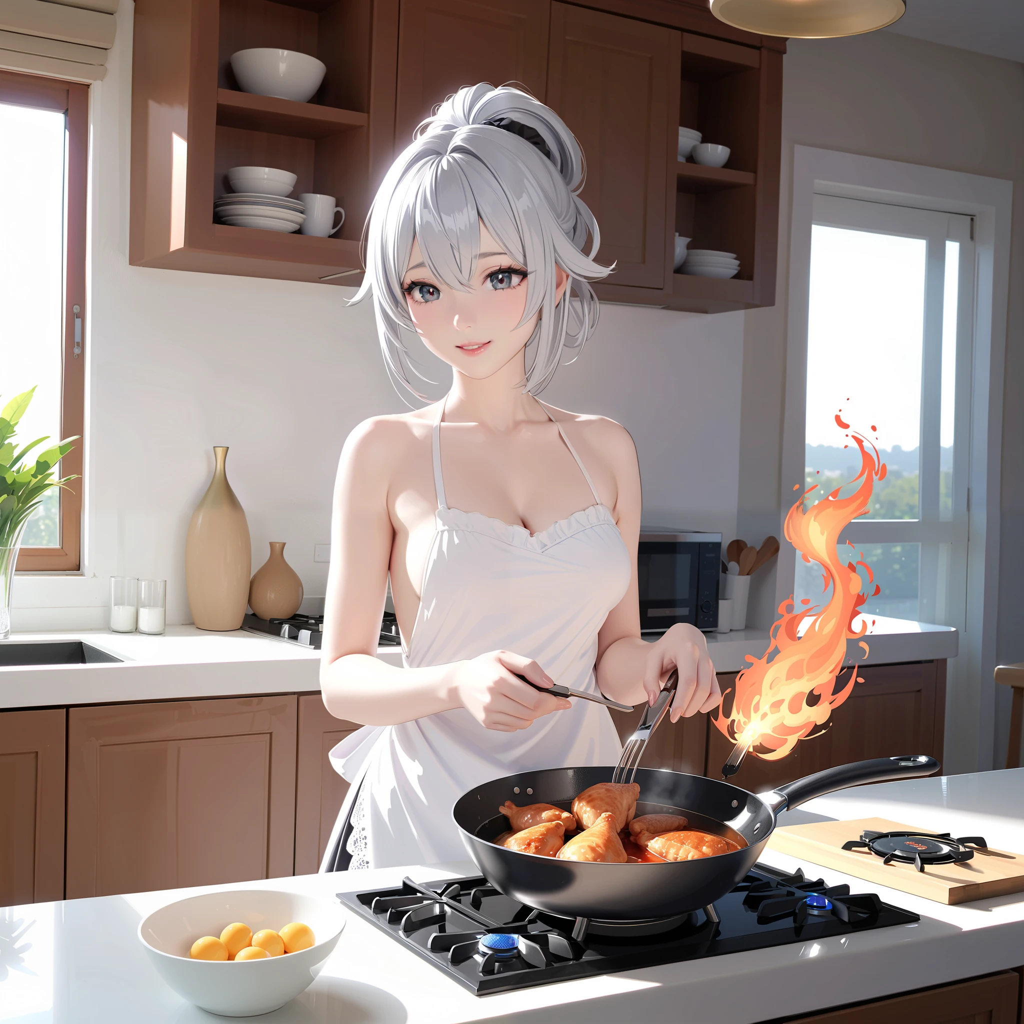 1 Japanese cute girl with silvery white hair in an intricate asymmetrical updo. The back of her hair is bunched high and short with the ends fanning out. The left side of her hair frames her face with long, loose strands, while the right side of her hair is loosely swept back over her ears and bunched together with the back hair, creating a slightly unbalanced but elegant look. A high, luxurious hair accessory on top adds a unique and fashionable touch to the hairstyle. Her hair catches the light and gives off a shiny, metallic shine.
BREAK full body, (glossy silver eyes:1.5), (beautiful eyes, twinkle eyes), (athlete body, large breasts), cute face, beautiful face, pretty face, beautiful, good anatomy, long eyelashes, expressive eyes, Perfect Hands, glossy lips, embarrassed, perfecteyes, white detail teeth,
BREAK 1girl, ((black skirt, white shirts:1.5), (pink botanical print apron wearing over the shirts and skirt), smile, happy, (beautiful standing pose),
BREAK 1girl, morning, daylight, sunshine, kitchen, scenery, a cozy kitchen scene with the girl cooking on a lit stove. She is holding a frying pan with her right hand, placing it on the flames of the gas burner. Inside the frying pan, a piece of chicken is sizzling and being grilled to a golden brown, releasing a delicious aroma.
BREAK (Exquisite, beautiful, Very detailed, masterpiece, super detail, best quality, highres), cute, beautiful, 16K, perfect lighting, sharp outline,