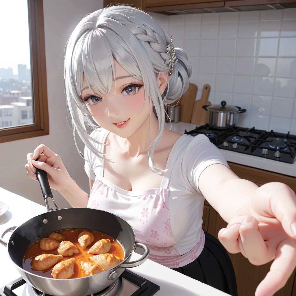 1 Japanese cute girl with silvery white hair in an intricate asymmetrical updo. The back of her hair is bunched high and short with the ends fanning out. The left side of her hair frames her face with long, loose strands, while the right side of her hair is loosely swept back over her ears and bunched together with the back hair, creating a slightly unbalanced but elegant look. A high, luxurious hair accessory on top adds a unique and fashionable touch to the hairstyle. Her hair catches the light and gives off a shiny, metallic shine.
BREAK full body, (glossy silver eyes:1.5), (beautiful eyes, twinkle eyes), (athlete body, large breasts), cute face, beautiful face, pretty face, beautiful, good anatomy, long eyelashes, expressive eyes, Perfect Hands, glossy lips, embarrassed, perfecteyes, white detail teeth,
BREAK 1girl, ((black skirt, white shirts:1.5), (pink botanical print apron wearing over the shirts and skirt), smile, happy, (beautiful standing pose),
BREAK 1girl, morning, daylight, sunshine, kitchen, scenery, a cozy kitchen scene with the girl cooking on a lit stove. She is holding a frying pan with her right hand, placing it on the flames of the gas burner. Inside the frying pan, a piece of chicken is sizzling and being grilled to a golden brown, releasing a delicious aroma. 
BREAK (Exquisite, beautiful, Very detailed, masterpiece, super detail, best quality, highres), cute, beautiful, 16K, perfect lighting, sharp outline, 