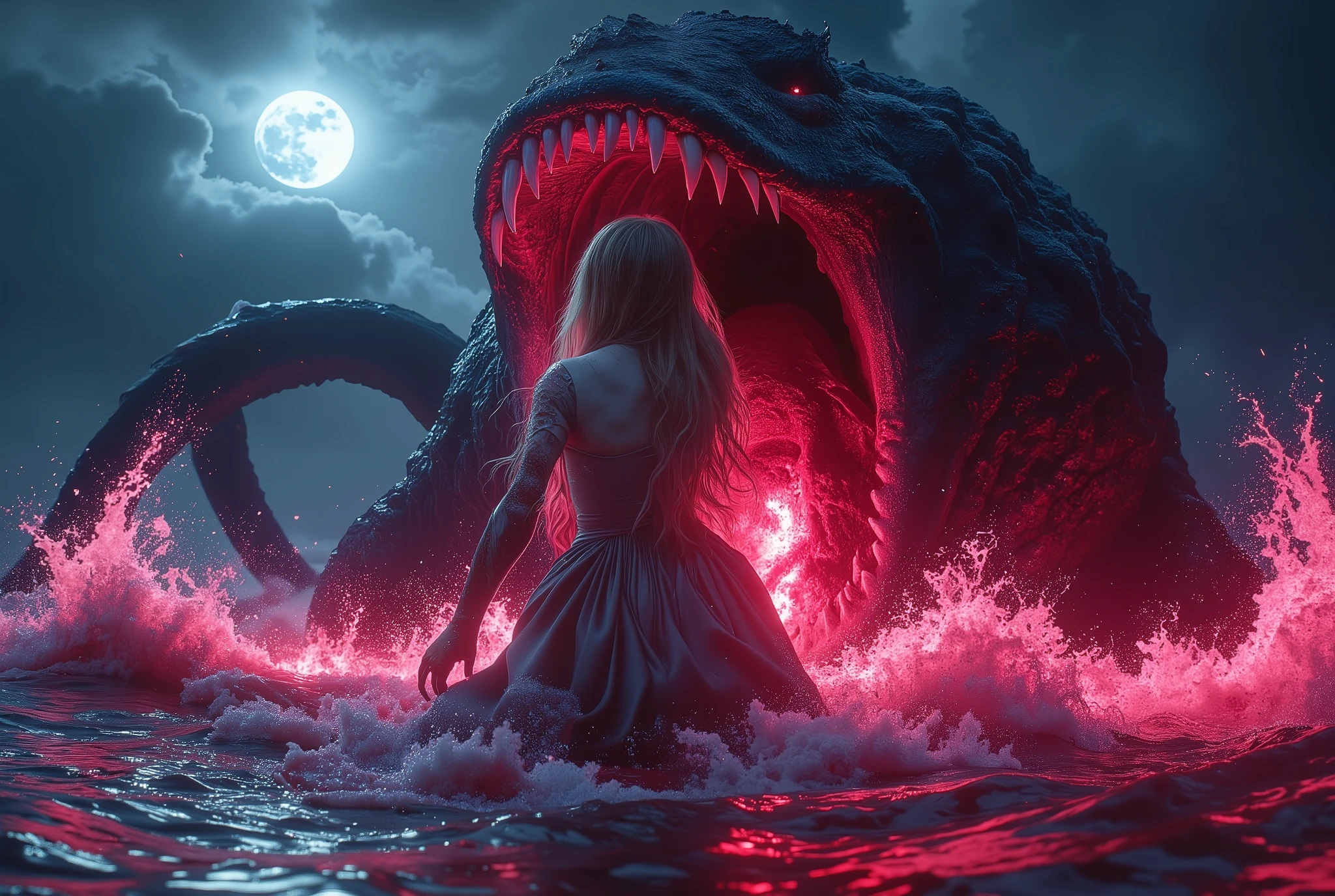 (Best Picture Quality,4K,8K,Hi-Res,Masterpiece:1.2),Ultra-Detailed,(Realistic,Photorealistic,Photorealistic:1. 37),A neon-colored, Gore,Eerie,Horror,Stormy Sea,Moon View,Sacrificed Princess Andromeda,The most beautiful princess in the world with blond hair and blue eyes,Giant monster appears from the sea,Kraken's mouth princess being dragged and torn apart, bloody bites, bloodied, dismembered bodies, shredded clothes, shattered crowns, deadly teeth, vicious mouths, hideous giant fangs, bloody saliva, torn flesh, dripping blood, bright red ocean water, brutal, dark atmosphere, nightmarish scenes, nightmarish nightmarish scene, nightmarish creature, horror movie scene, gruesome details, horror fantasy, horror art, horrific fantasy, nightmare fuel, horror movie poster, horror illustrator, monster lair, exquisite gore details, ominous lighting, demonic presence, vivid gore colors , anguish, torture, fate, (Amazingly powerful and realistic compositions by Greg Rutkowski:1.2), bokeh, depth of field, blur,