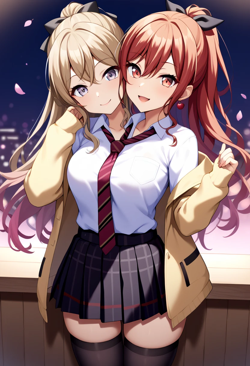 score_9_up, score_8_up, score_7_up,score_6_up, score_5_up, score_4_up , 1girl, solo, twoheads, 2heads, conjoined, ((SPLIT-COLOR HAIR)), lisaimai, long hair, ponytail, grey eyes, earrings, school uniform, striped necktie, brown necktie, collared shirt, grey jacket, long sleeves, plaid skirt, pleated skirt,short skirt, brown skirt, saki, long hair, gradient hair, red eyes, twintails, 1girl, solo, bangs, hair between eyes, collarbone, collared shirt, yellow jacket, red necktie, loose nectie, white shirt, striped necktie, black thighhighs, black skirt, miniskirt, layered skirt, black ribbon, zettai ryouiki, saki_unit, flirting, cowboy shot, cherry blossom background