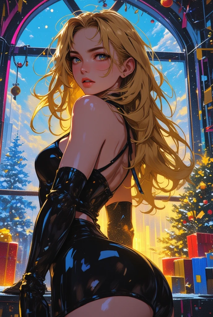 Blonde girl, long ponytail, smile open mouth, medium large breasts, glow light, lens flare, light particles, iridescent light, living room, fireplace, night time ,sit on chair ,spread legs, Christmas tree with lights decorations, breasts, nipples, exposed breasts, complete nudity, cum on breasts, vagina, spread vagina