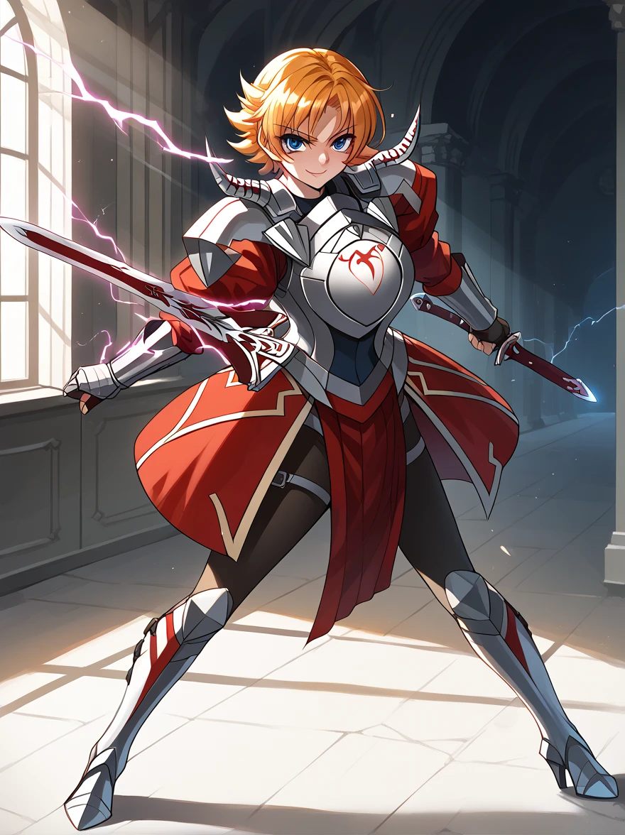 IgawaSakuraXL, 1girl, full body, A girl is standing and holding short swords in dual wielding, looking at viewer, seductive smile, blush, orange hair, short hair, flipped hair, blue eyes, curvy, huge breasts, thighs, Red dress, breastplate, gauntlet, leg guards, holding sword, fighting stance, red electricity, score_9, score_8_up, score_7_up, score_6_up, score_5_up, score_4_up, BREAK source_anime, masterpiece,masterpiece, high detail, best quality,extremely detailed fine touch, natural light, sun light, light rays, dappled light, reflection, shadows, ray tracing,indoors,battle field