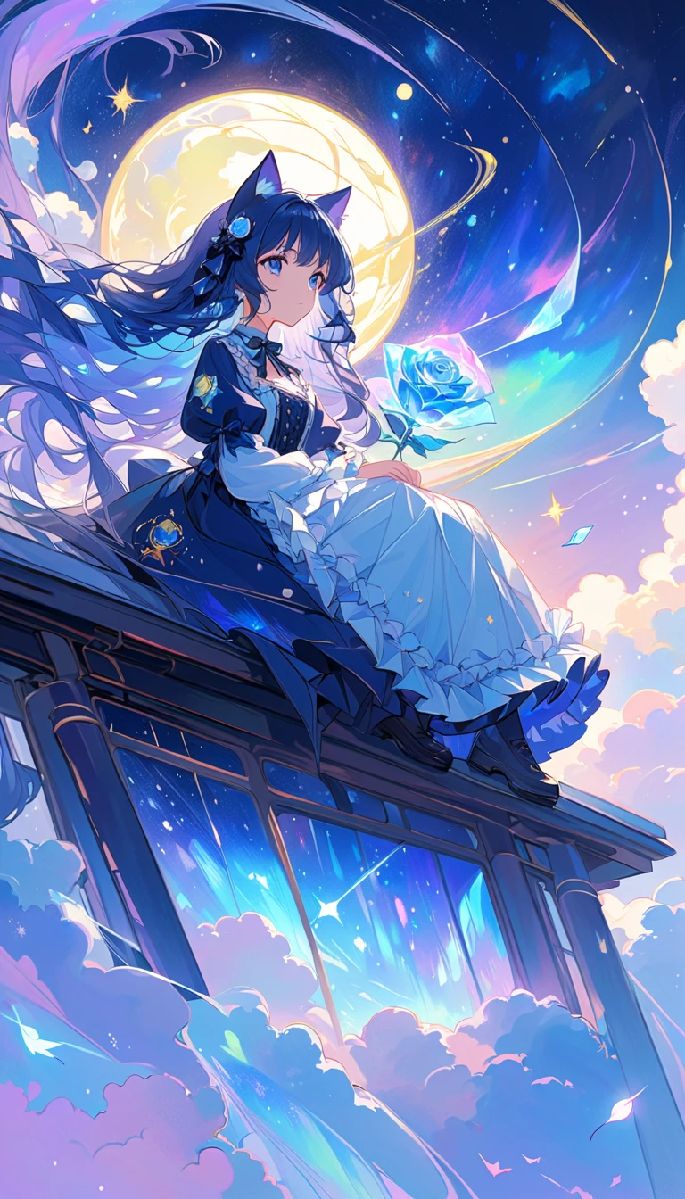 Anime inspired by Makoto Shinkai, Space Art, ( sideways ( Black Cat)  sitting on the roof looking up at the sky ), mystery, Excellent, meteor雨,  Intricate Lighting , Flashing Streetlights ,((masterpiece:1.4)), ( top quality), ( very detailed),  Anime Style ,  1 girl,  blue hair,  long hair, (gothic lolita), Note, meteor, space, galaxy,  Aurora, Seven-colored light, ( blue rose :1.2),  butterfly ,  constellation,  Girl Riding the Crescent Moon , nebula,  blue rose  petals, Multicolored glass, entire field of Multicolored glass