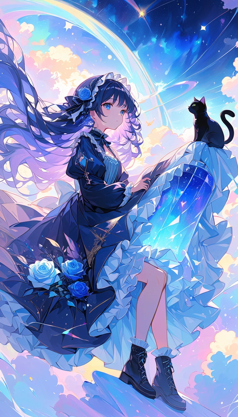 Anime inspired by Makoto Shinkai, Space Art, ( sideways ( Black Cat)  sitting on the roof looking up at the sky ), mystery, Excellent, meteor雨,  Intricate Lighting , Flashing Streetlights ,((masterpiece:1.4)), ( top quality), ( very detailed),  Anime Style ,  1 girl,  blue hair,  long hair, (gothic lolita), Note, meteor, space, galaxy,  Aurora, Seven-colored light, ( blue rose :1.2),  butterfly ,  constellation,  Girl Riding the Crescent Moon , nebula,  blue rose  petals, Multicolored glass, entire field of Multicolored glass