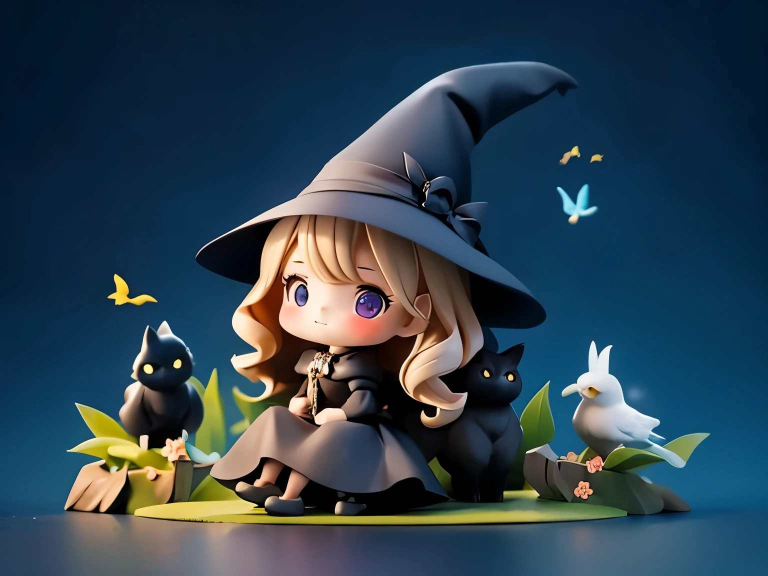 a cute picture of a pretty  witch is sitting on the broom and holding a black cat on her hands. under her there is a forest and a few birds around her