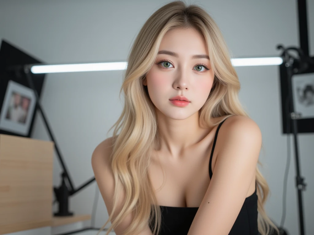 a close-up of a woman in a black dress posing for a photo, yelena belova, retrato sophie mudd, anastasia ovchinnikova, Alexa Grace, a gorgeous blonde, long blonde hair and big eyes, ellie victoria gale, profile picture with headshot, dasha taran, Yulia Gorokhova, Anna Nikonova aka Newmilky, Roseanne parque de blackpink, 4k full HD