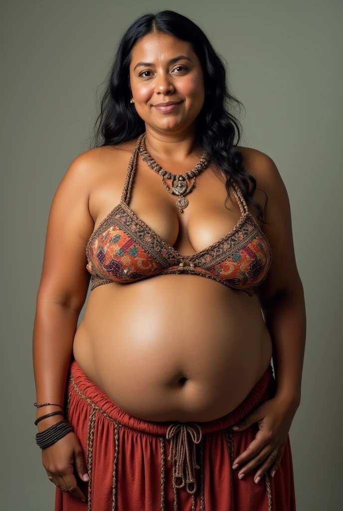 8k, highest quality, ultra details, North American indigenous woman, canyon landscape, Navajo-inspired clothing, turquoise jewelry, radiant smile, harmony with nature and ancestral traditions, pregnant belly, chubby