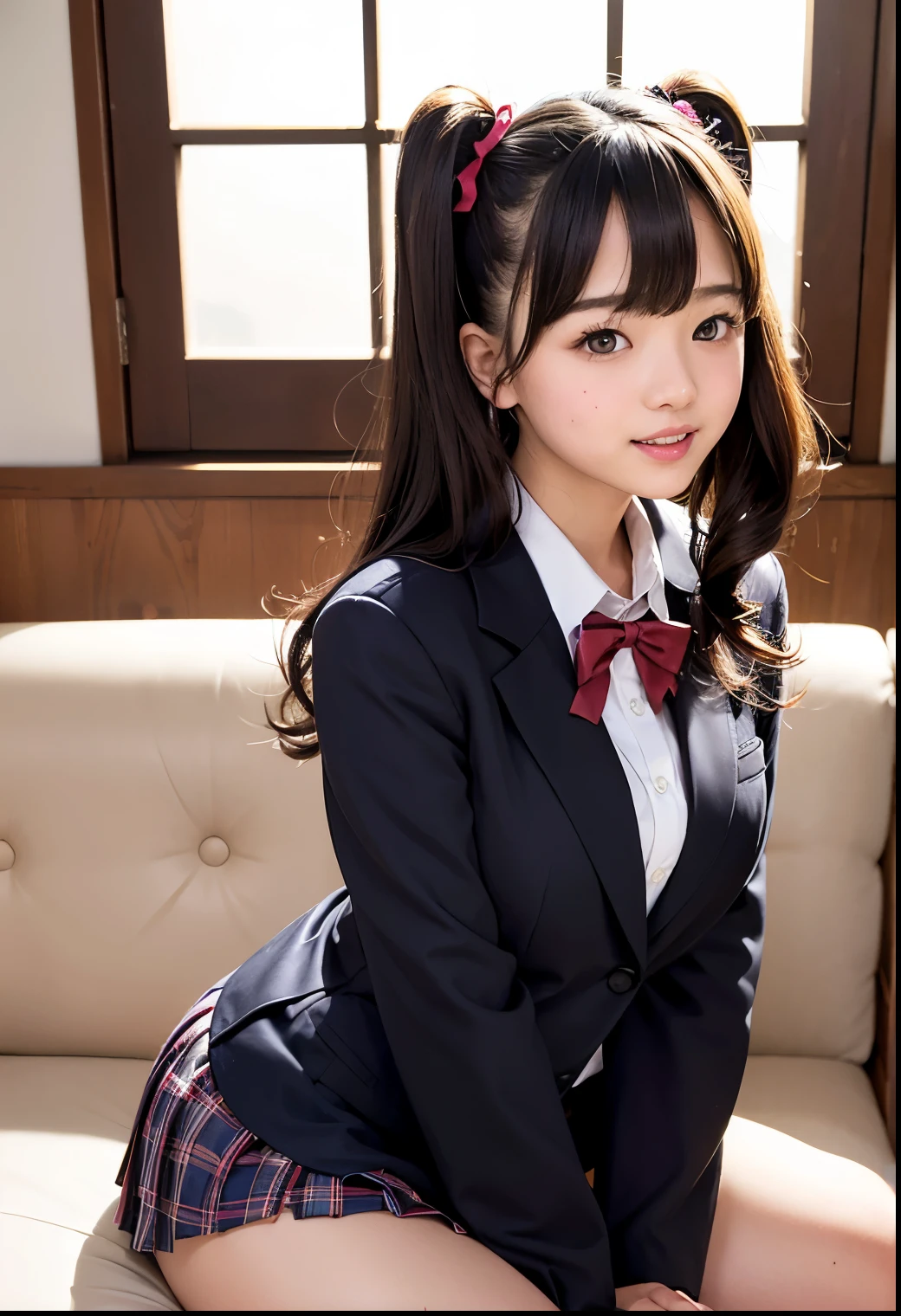 ( top quality,masterpiece:1.3, super high resolution ),( very detailed、 caustics) ( realistic :1.4, RAW shooting、)Ultra- realistic Capture、 very detailed、 natural skin texture 、masterpiece、(Japanese girl wearing a blazer uniform for students:1.3)、 cute expression 、Expression of happiness、、: 、baby face、 innoceamazingly cute、 twin tail hairstyle 、Curly Hair、ribbon、 black hair、 Big Breasts、Shining thighs、Shining Ass、Filmed sitting on a sofa in a private room at a sex shop、Background details、smile、 with uralshad 、( anatomically accurate )、 cowboy shot 、 attention to detail、