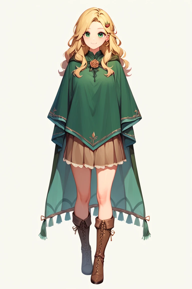 cute girl,blonde hair,wavy long hair,rose hair pins,green eye,long sleeve shirt, brown poncho cape,long brown inner-skirt,green beach skirt cover-up,knee roper boots,with two wands in hands,closed mouth smile,facing viewer,full body,white background