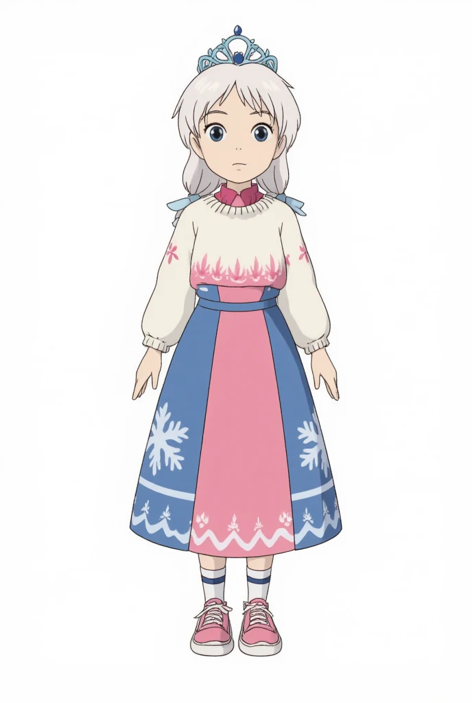  Elena has big blue eyes, long black eyelashes and black eyebrows, slim and fragile build. Because of her "cold" origin, she has pale skin and white hair, braided into two small pigtails, which are tied with light blue rubber bands. The tsarevna has a blue tiara on her head, which are intertwined patterns, and is adorned with a small sapphire at the top. Elena wears a long pink and blue dress decorated with white snowflakes. On top of the dress is a white, pink patterned mini-sweater with a bright pink neck. On her feet Elena has white socks with blue stripes and soft pink sneakers with white soles. Elena looks 12-. Elena is always quiet and a little shy, secretive. Her character is not revealed much.