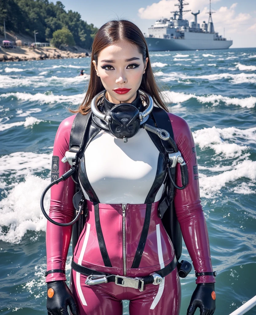 A documentary photo, Photo-realistic, ultra-realistic, (Japanese beautiful young woman, famous Japanese idol, boyish cool face:1.3), wetlook rubberish pink clothes,, she is a military diver of Japan navy, experienced military diver, wearing a professional wetsuits for military diver with professional scuba equipment, She is on a shlre, She is preparing to scuba dive for a lifesaving mission, there is a large battle ship behind her,, Natural Makeup, boyish face ,Front View:1.21, Perfect Anatomy:1.21, Small head:1.21, Slender body:1.37, Narrow waist:1.5, Thin limbs:1.5, Flat Chest:1.5, Anatomically correct limbs, Diving Suits warm  wetlook (high smooth turtleneck collar), Fully equipped for diving, Very cute Japanese woman, Brown Hair, Chignon Hair, Calm sea in qinter, Dynamic and emotional movie lighting, 