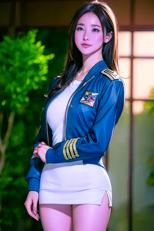 (Best quality, 8k, 32k, Masterpiece, UHD:1.2), (realistic:1.5), (masterpiece, Extremely detailed CG unity 8k wallpaper, best quality, highres:1.2), (ultra detailed, UHD:1.2), Photo of extremely cute and beautiful Japanese woman, (chestnut long wavy hair:1.2), adult, (detailed beautiful girl:1.4), best quality, woman, adult, (detailed US air-force pilot uniform:1.5), (white pilot captain jacket:1.3), (white high-waist pencil skirt:1.3), detailed clothes, (Beautiful sunset US air force base runway view background:1.3), embarrassed laughing:1, light smile, looking at viewer, facing the viewer, ((perfect female body)), (narrow waist:1.2), (upper body image:1.3), slender, abs, (large breasted:1.25), ((frame the head)), wind, dynamic pose, cinematic light, back light, perfect anatomy, perfect proportion, detailed human body, bokeh, depth of field,