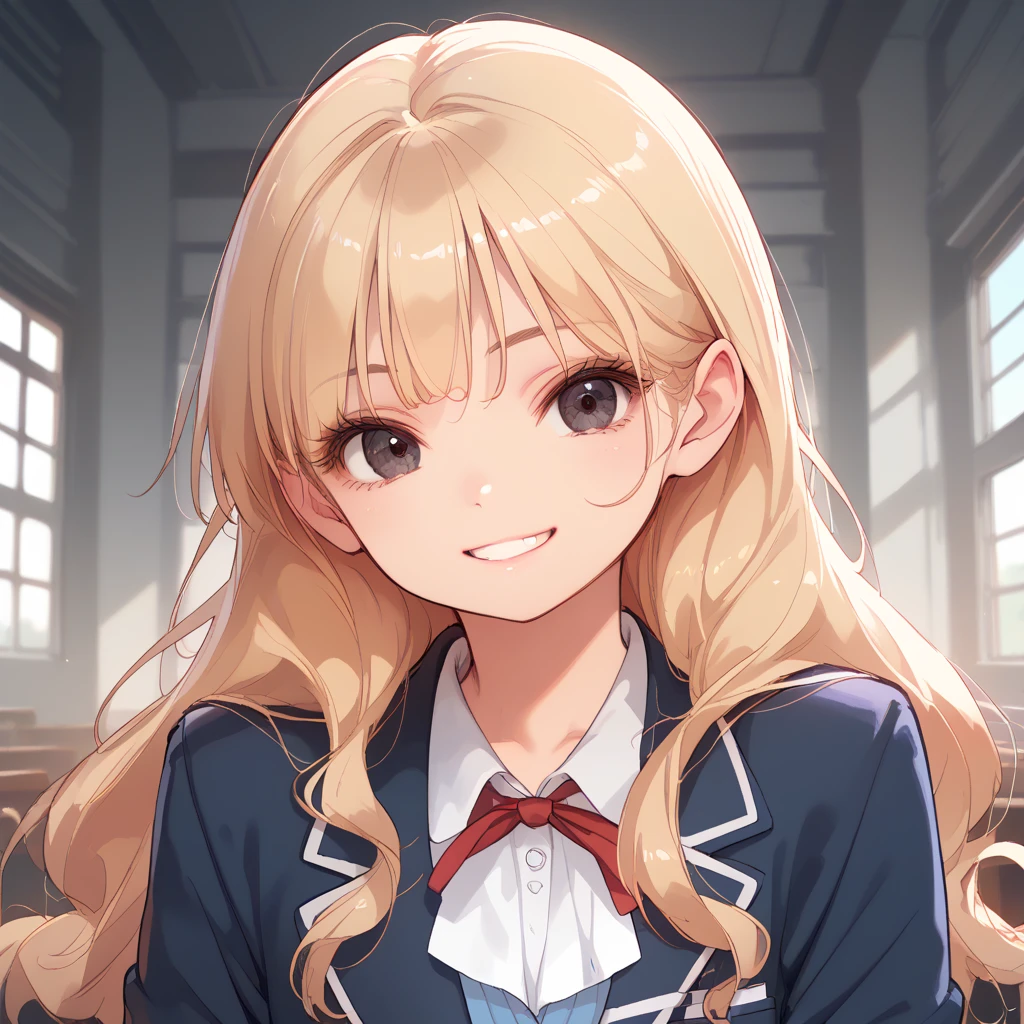  top quality, Anne Chatelaine, (yo:1.0),blonde hair, bright hair, long hair, (light smile), school uniform, smile, grin,  closed mouth, Dark Eyes,  blazer, Navy blue clothes,  Red Ribbons , Provocative viewpoint, school, ish, Round eyes, small, indoors, (a seductive smile),