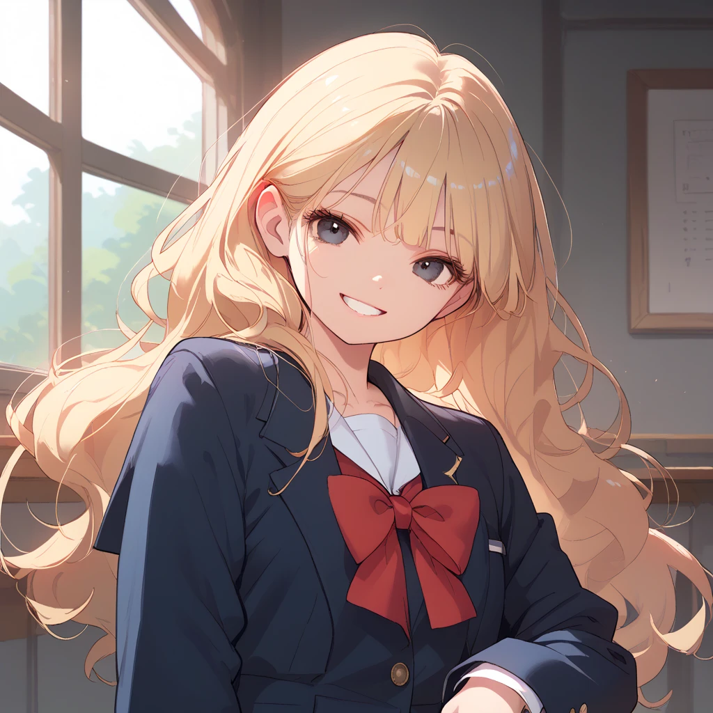  top quality, Anne Chatelaine, (**yo:1.0),blonde hair, bright hair, long hair, (light smile), school uniform, smile, grin,  closed mouth, Dark Eyes,  blazer, Navy blue clothes,  Red Ribbons , Provocative viewpoint, school, ish, Round eyes, small, indoors, (a seductive smile),