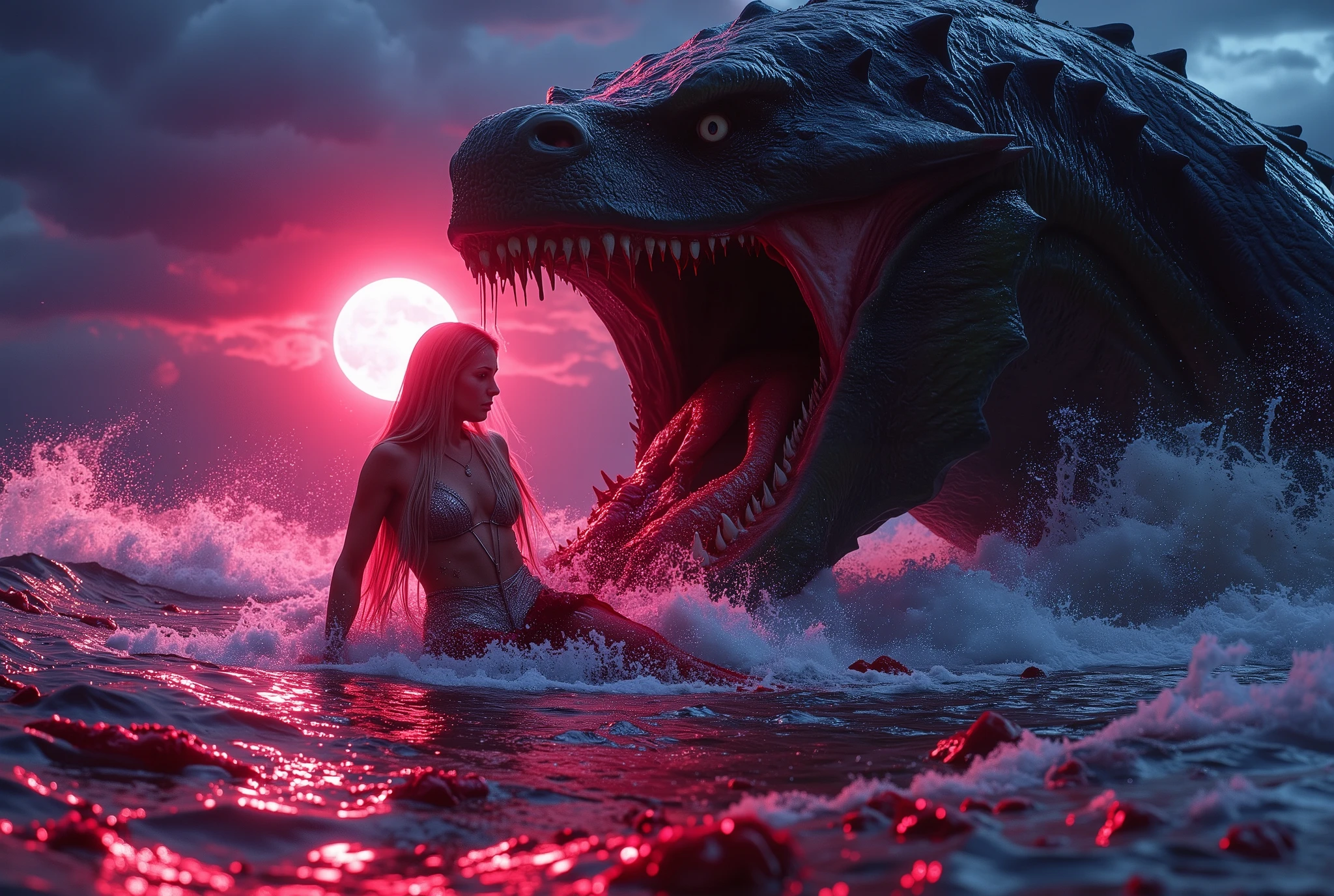 (Best Picture Quality,4K,8K,Hi-Res,Masterpiece:1.2),Ultra-Detailed,(Realistic,Photorealistic,Photorealistic:1. 37),A neon-colored, Gore,Eerie,Horror,Stormy Sea,Moon View,Sacrificed Princess Andromeda,The most beautiful princess in the world with blond hair and blue eyes,Giant monster appears from the sea,Kraken's mouth princess being dragged and torn apart, bloody bites, bloodied, dismembered bodies, shredded clothes, shattered crowns, deadly teeth, vicious mouths, hideous giant fangs, bloody saliva, torn flesh, dripping blood, bright red ocean water, brutal, dark atmosphere, nightmarish scenes, nightmarish nightmarish scene, nightmarish creature, horror movie scene, gruesome details, horror fantasy, horror art, horrific fantasy, nightmare fuel, horror movie poster, horror illustrator, monster lair, exquisite gore details, ominous lighting, demonic presence, vivid gore colors , anguish, torture, fate, (Amazingly powerful and realistic compositions by Greg Rutkowski:1.2), bokeh, depth of field, blur,