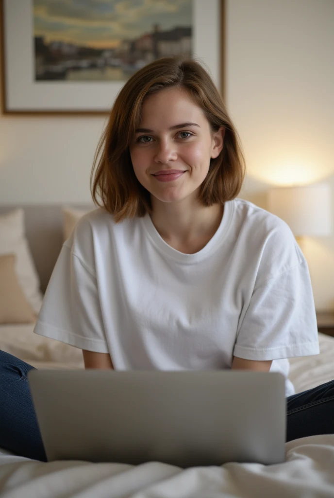 photography full body portrait of very beautiful realistic girl, sitting on sofa, working with laptop, porcelain skin, very fair skin, very pale skin, redhead, wavy, ponytail, detail freckles skin, hazel eyes, slanted eyes, small nose, small nostril, thick curved eyebrow, thick bottom lip, seductive gaze, happy face, unique face, wear white t shirt, detail photo, realistic photo, master piece picture, sharp picture, outdoor clear daylight
