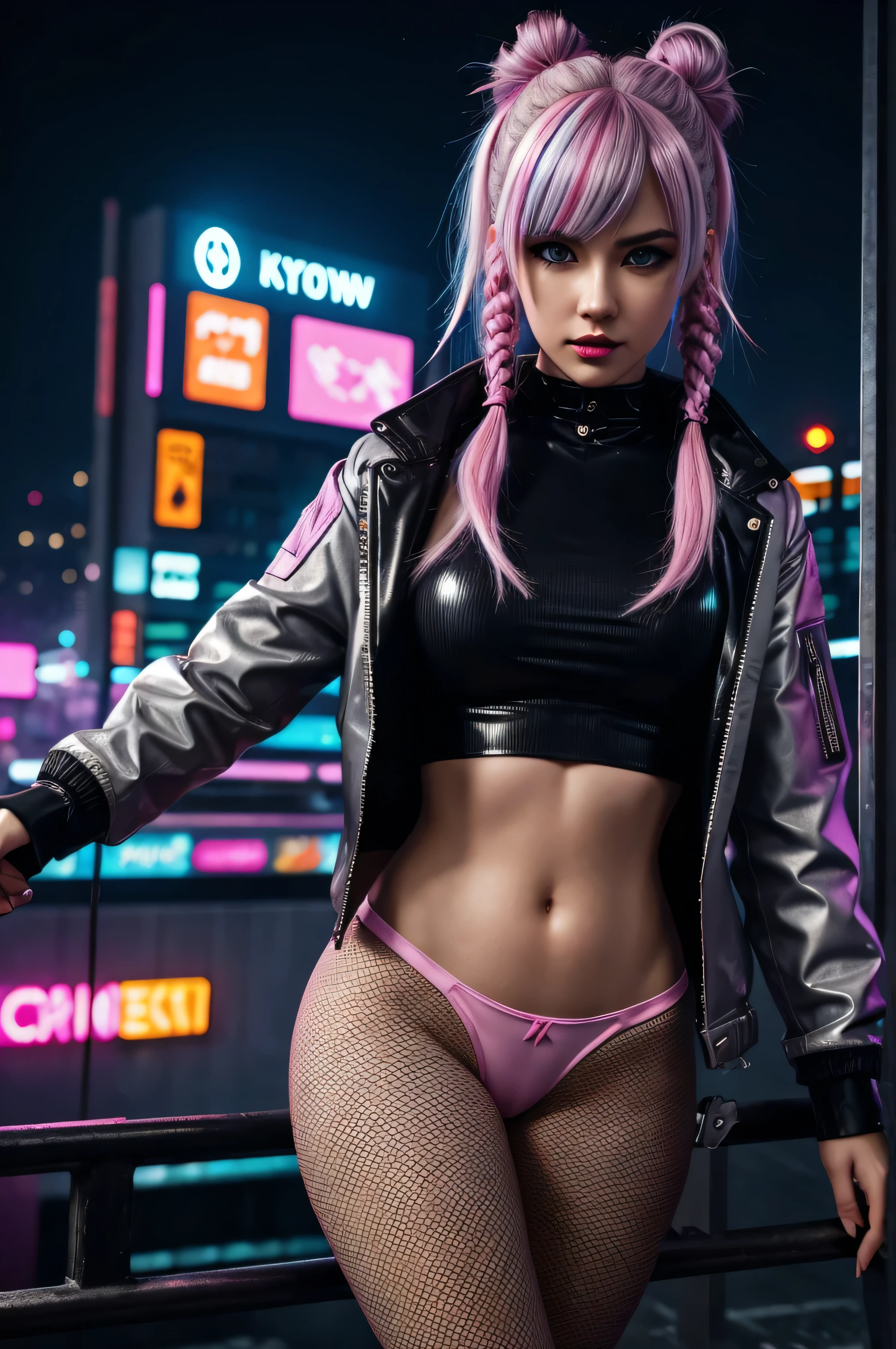 a very cute face, wearing pink cyberpunk outfit, detailed pink outfit, detailed body (reality: 1.4), (A hyper-realistic), (high resolution), (8K), (highly detailed), ( Best Illustration), (detailed eyes), (ultra-detailliert), Bright lighting, Professional Lighting, The background is cyberpunk city.