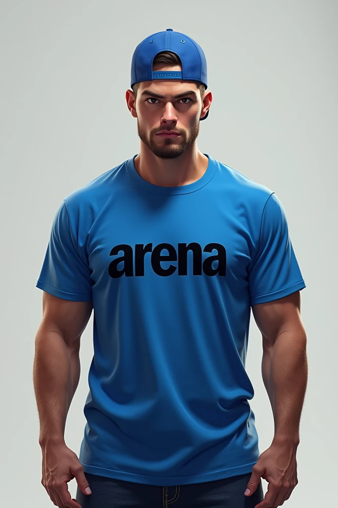 Men's blue volleyball t-shirt with a white background and blue color on the shoulders and Karen's text in the middle of the t-shirt and something like lightning on the t-shirt.