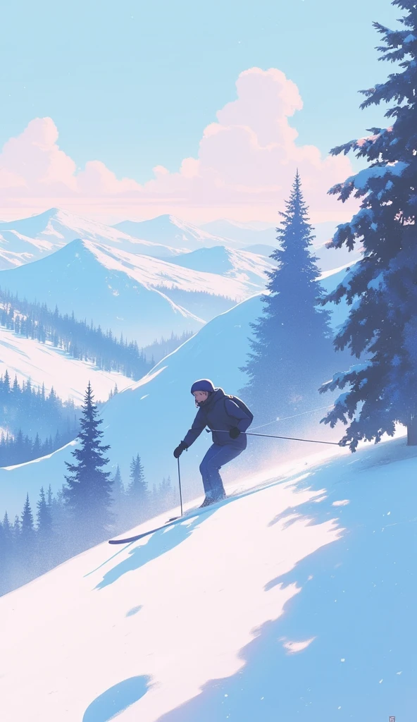 A serene, minimalistic winter landscape featuring a skier gliding down a snowy mountain in the foreground. The scene is rendered in soft, overlapping silhouettes with cool tones like icy blues and whites, accented with gentle gradients to create depth and a tranquil atmosphere. The sunlight glows softly, casting subtle highlights on the snow without overpowering the cool palette. The background showcases layers of snow-covered mountains and trees, with faint clouds to add texture. The style remains minimal but not flat, with a focus on capturing the dynamic motion of the skier and the crisp, cold ambiance.