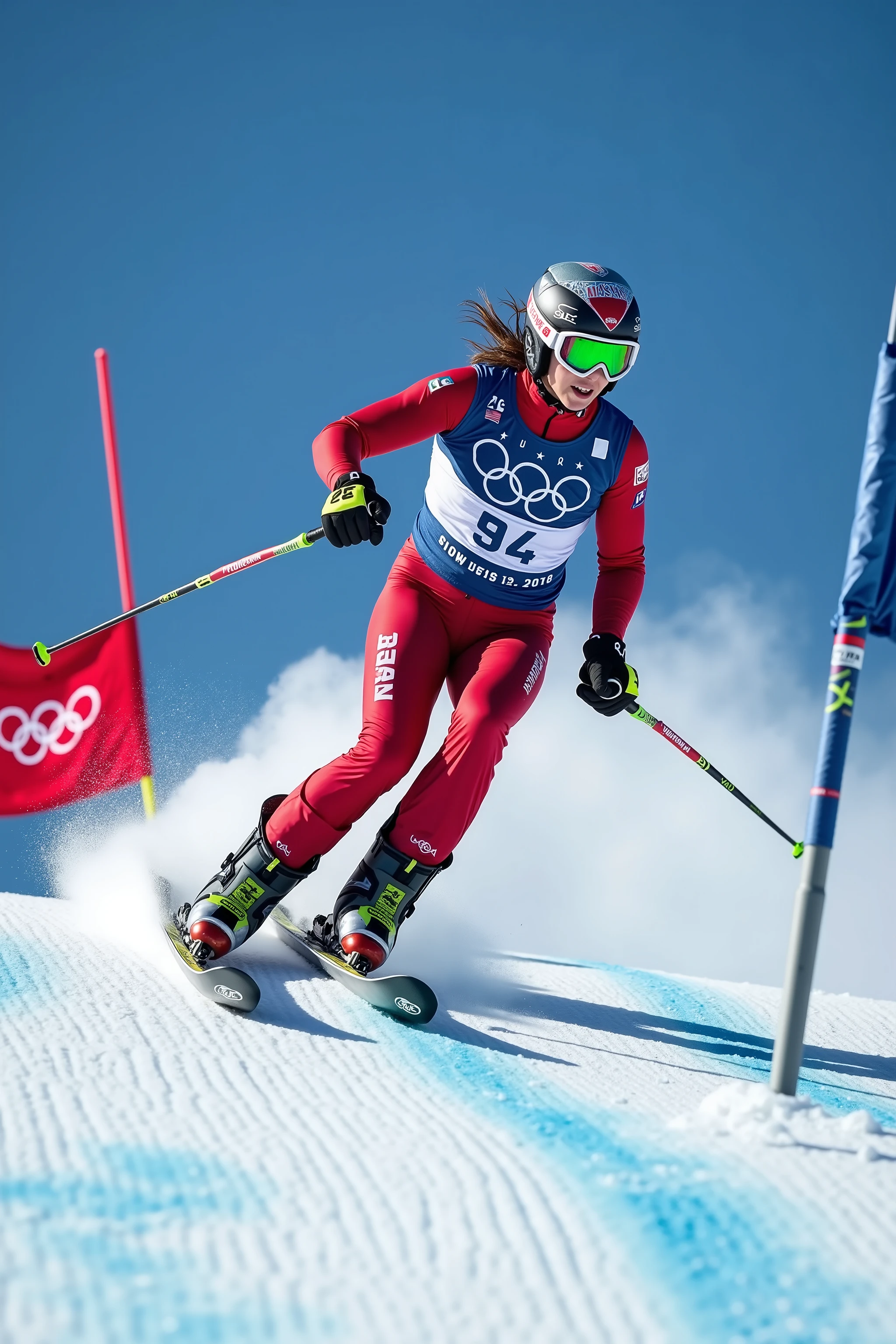 award-winning photo on a beautiful Team USA downhill skier who has just gone airborne as she races down the mountain, with the olympic rings in the background, masterpiece, photorealism, best quality. 