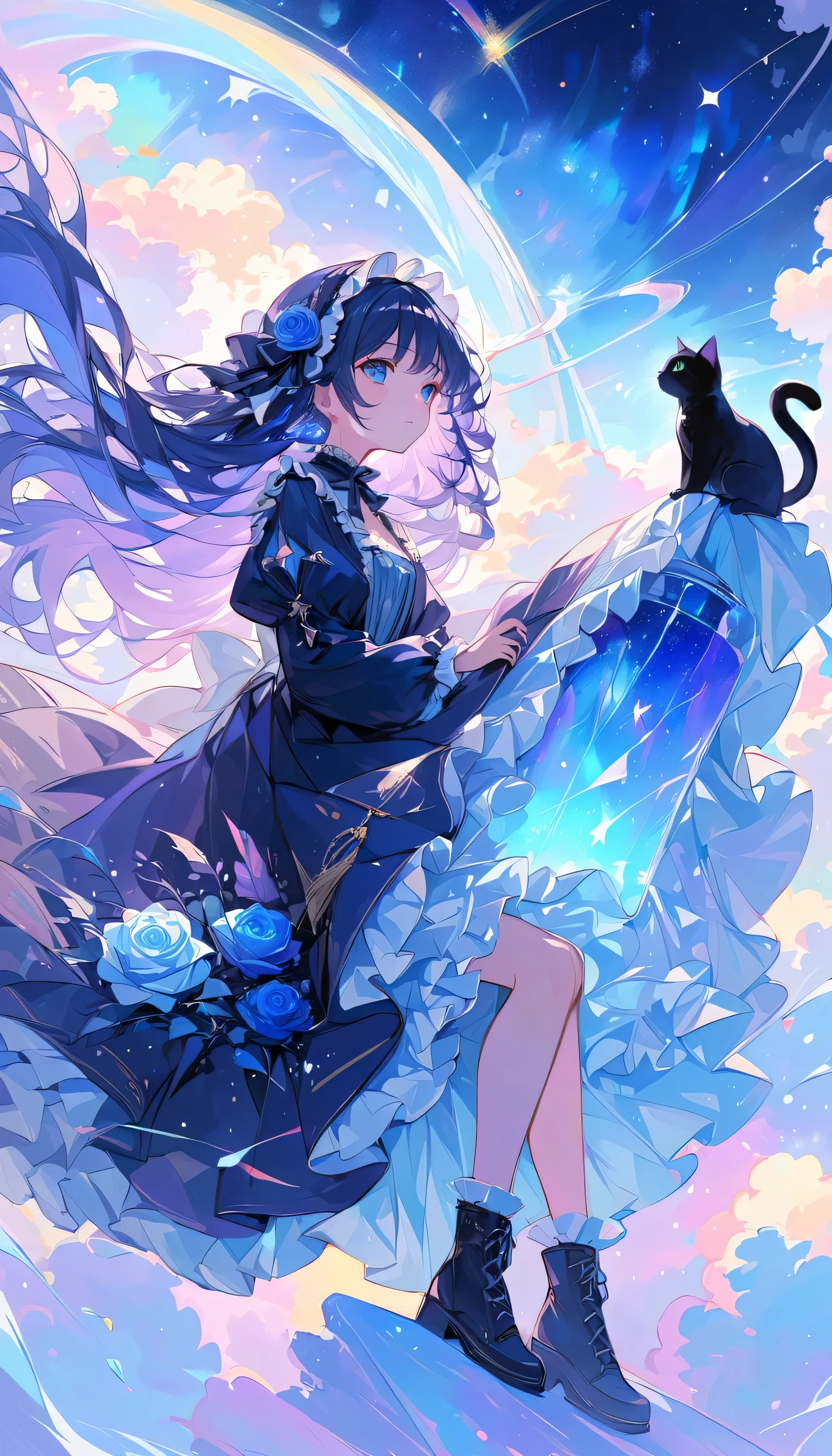 Anime inspired by Makoto Shinkai, Space Art, ( sideways ( Black Cat)  sitting on the roof looking up at the sky ), mystery, Excellent, meteor雨,  Intricate Lighting , Flashing Streetlights ,((masterpiece:1.4)), ( top quality), ( very detailed),  Anime Style ,  1 girl,  blue hair,  long hair, (gothic lolita), Note, meteor, space, galaxy,  Aurora, Seven-colored light, ( blue rose :1.2),  butterfly ,  constellation,  Girl Riding the Crescent Moon , nebula,  blue rose  petals, Multicolored glass, entire field of Multicolored glass，World War III in the background