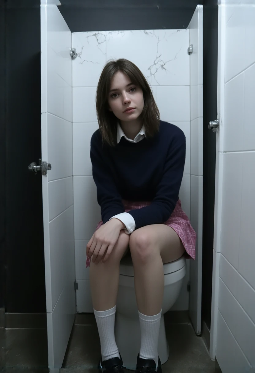 A beautiful girl with gorgeous brown hair is bursting to pee at the school bathroom. She is wearing a purple dress. She is crossing her legs over one another while standing up.