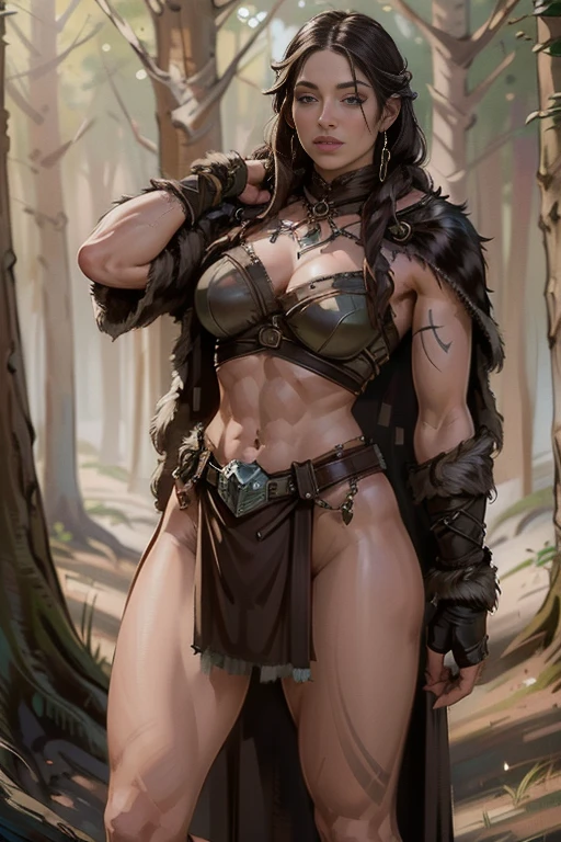 (masterpiece, highest quality, Realistic, High resolution, photograph, :1.3), Sharp focus, beautiful Femail warrior, perfect beautiful face, long hair, voluptuous body, Abs, muscle, bikini armor, loincloth, standing pose, in dark forest, ((whole body shot)),