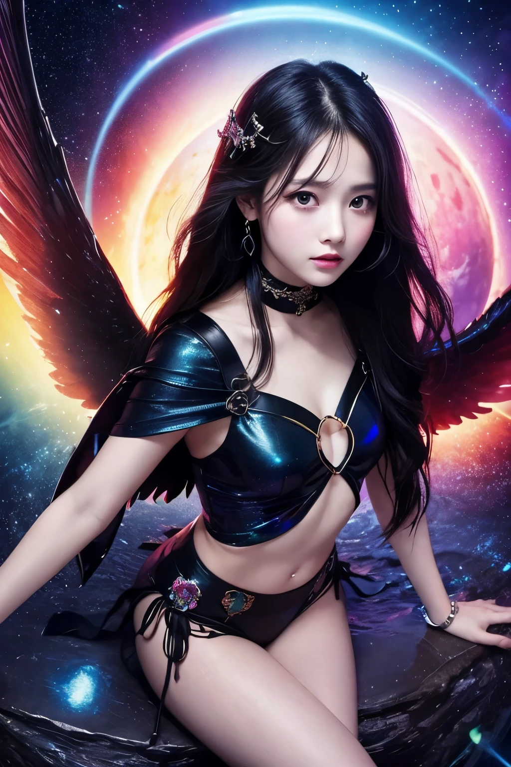 ((((A close-up of a fantastic dark and purple glow with lots of auras scattered throughout, crystallization化した, crystallization skin, Amethyst Texture, Shiny black wings, アメジストcrystallizationテクスチャー, crystal cubism、パープルの crystallization, crystallization粒子, faceted, crystallization,Amethyst Shield Explosion, Fractal Detail Amethyst Skin, Glittering Darkness, faceted, Crystal Fragment, crystallization edges)))、(((highest quality、Highest Resolution、masterpiece、8k、Realistic)))、(((Detailed face)))(((Cute face 1.0)))(((Baby Face 1.0)))、(((Healthy Skin)))(((Detailed body)))(((Model Body Type)))(((Perfect podiline)))、(((Big Breasts 3.0)))(((Big cleavage 5.0)))(((nsfw)))、(((Straight Long Hair)))、 (((5 wearing the sacred garment.0)))(((Fallen Angel Azazel 10.0)))、(((Fallen angel with six pairs of wings 10.0)))(((Six pairs of shiny black wings 5.0)))(((Fallen angels representing the South 5.0)))、(((Fallen Angel of the Wind 5.0)))、(((Gregori Commander 3.0)))、((Transmitter of wisdom and skill))、(((Fallen Angel)))(((The one who bestows knowledge 3.0)))、(((Coming to Earth)))、(((Grimoire Possessor 7.0)))、(((Dynamic Advent Scene 2.0)))、(((Random posing shot 2.0)))(((Mystical smile)))