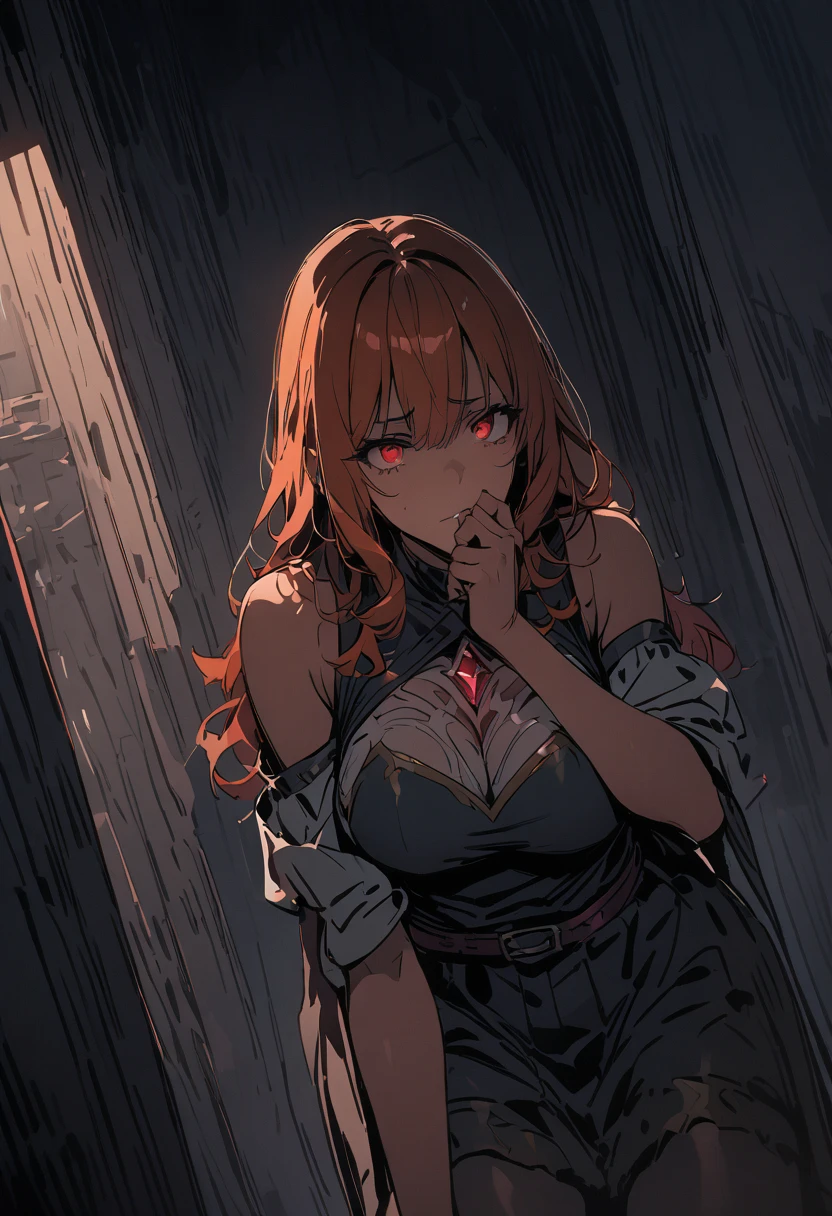 ((Best Quality)), ((masterpiece)), (detailed), 1 woman, red eyes, orange hair, curly hair, She is wearing a fantasy-style outfit, with dark tones and ornate details, including straps, buckles, and an intricately designed vest. She is wearing sparkling accessories such as a crystal or jewel on her chest. Her posture is leaning forward, as if she is in the middle of a struggle or trying to break free. Hand-shaped shadows surround him, holding him by various parts of his body, while one of them covers his face. This reinforces the feeling of oppression and danger.
He holds a weapon or glow stick in one hand, suggesting that he is still prepared to defend himself or fight back. The angle of the image is dynamic, capturing the scene in a medium shot that emphasizes both the struggle and the surroundings.
The hand-shaped shadows add movement to the composition, guiding the eye to the character's face and tense expression.
The dark colors of the background contrast with the bright tones of the hair and the details of the weapon, highlighting the character in the gloomy environment.