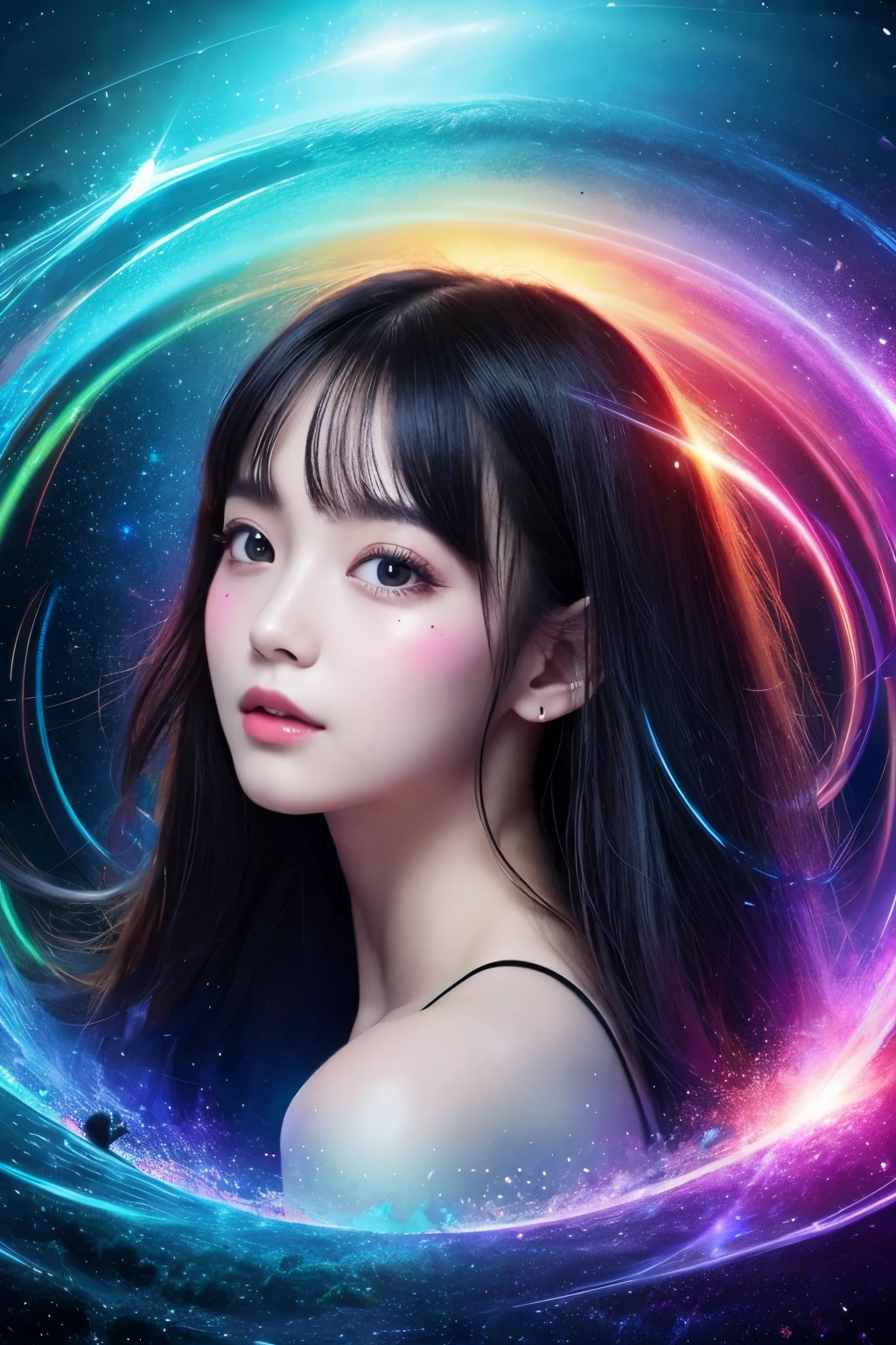 A woman with long hair and a black dress in a space - SeaArt AI