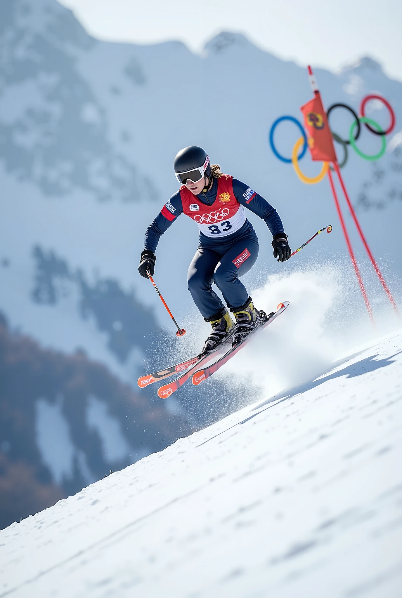 award-winning photo on a beautiful Team USA downhill skier who has just gone airborne as she races down the mountain, with the olympic rings in the background, masterpiece, photorealism, best quality. 