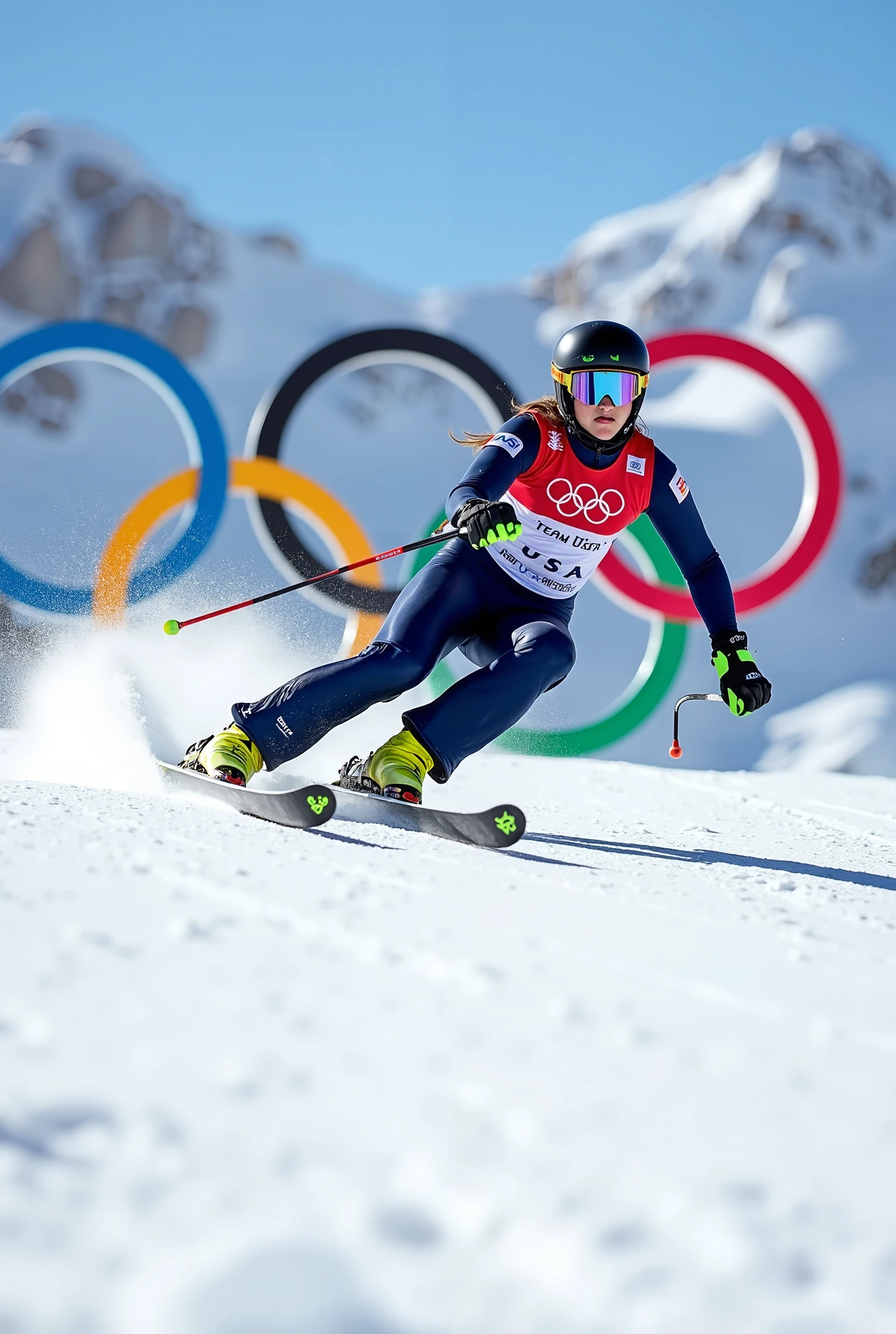 award-winning photo on a beautiful Team USA downhill skier who has just gone airborne as she races down the mountain, with the olympic rings in the background, masterpiece, photorealism, best quality. 