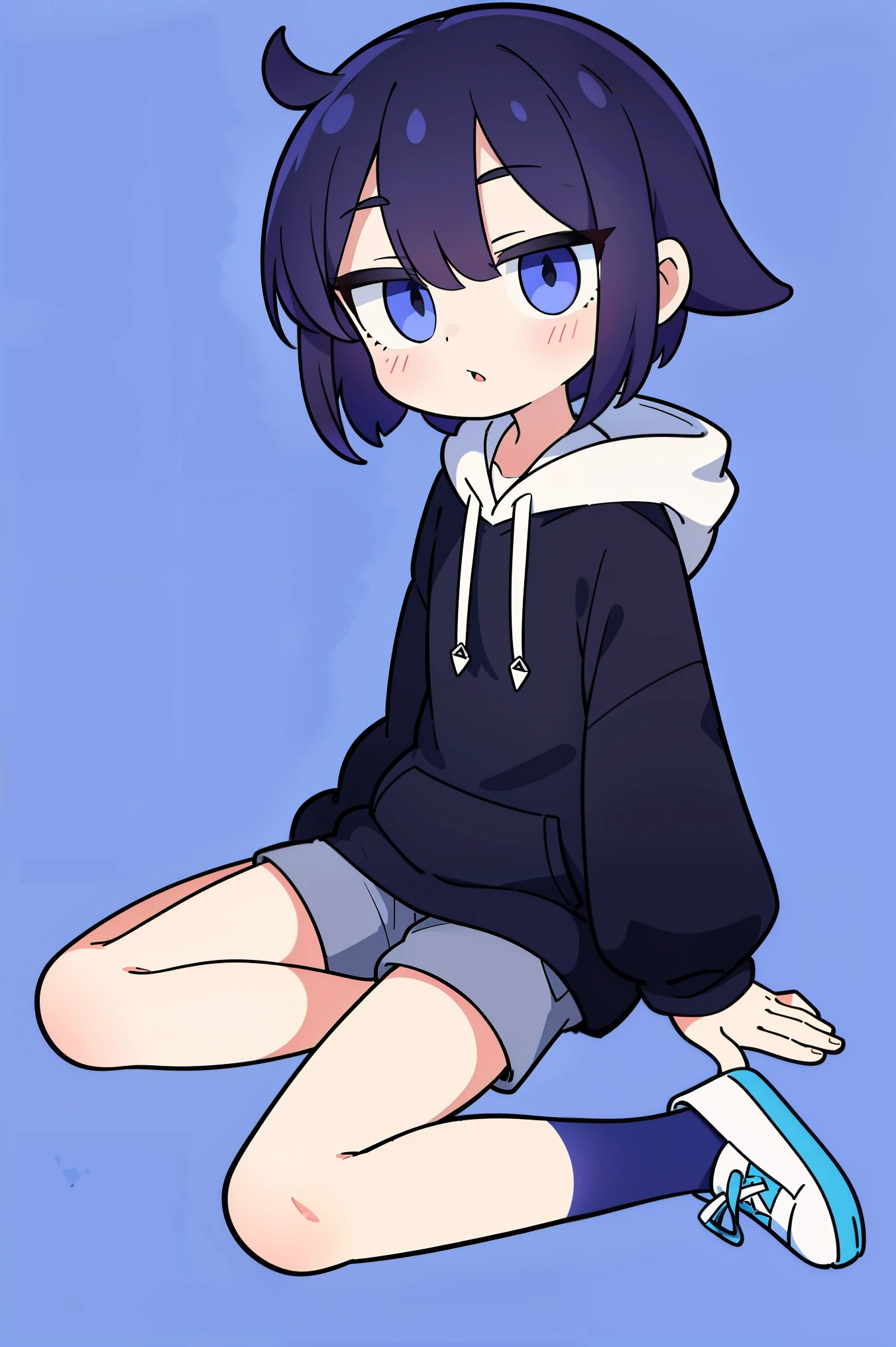 outfit:  He wears a dark blue hoodie decorated with white teeth and eyes,  resembling a shark or similar creature .  Short dark shorts that match the sweatshirt .  High white socks decorated with blue stars .  White shoes with dark details . Aspect:  black hair,  short and with a fringe that covers one of his eyes .  big eyes ,  one of them visible with a striking purple color . Age: He appears to be a young person , probably between 12 and , Heitan expression