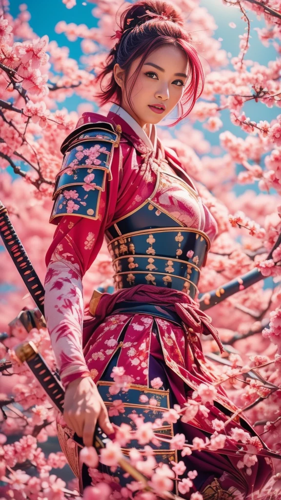  Sexy female character wearing red armor as a warrior from the Sengoku period 、((very short hair))、((Hot pink hair))、((toned body))、(glistening skin)、 ( embarrassed smile ,  your expression when you feel intense caress,  Expression When Feeling Pleasure)、 toned body、((huge breasts sagging breasts))、Big Breasts、 plump thighs、 The pink armor with a plum blossom pattern engraved on it is a bikini type and is designed to emphasize chest exposure、(  wearing a plum blossom patterned cape )、peplum skirt、Red shin guard with plum blossom engraved on it 、Pink high-leg underwear 、Red tights 、 absolute domain、Inverted skirt、((acrobatic pose)) 、((intense angle))、((holding katana))、Draw your sword、Iai、Dramatic lighting、((Clear Sky Thunderbolt))、(( Plum blossoms in full bloom in the background ))、(( Large plum blossoms in full bloom on the front ))、 cinema-like scene  、 Max Image、 Ultra High Definition、8k、masterpiece、