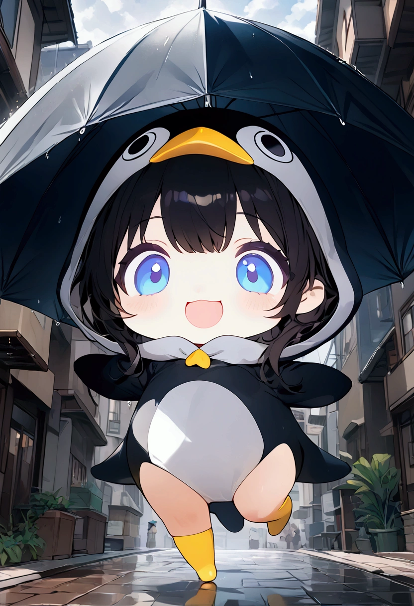 cute chibi character girl, big head, super deformed, full body shot, wearing penguin costume, yellow boots, jumping around happily under umbrellas in the rain, colorful illustration work, ultra detailed, absolutely resolution, masterpiece